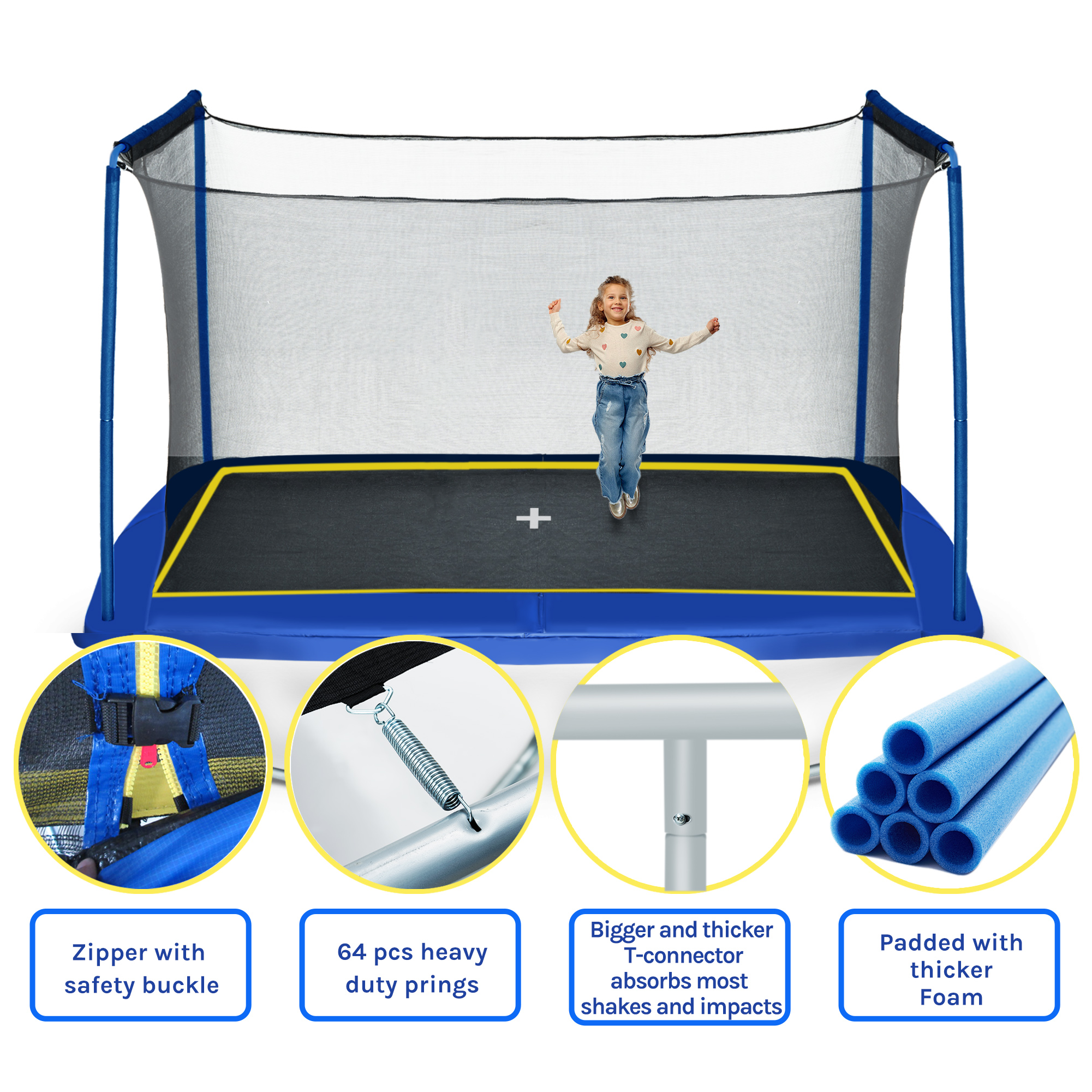 YC Rectangular Trampoline 244 x 366m for Outdoor Fitness and Fun, Black and Silver