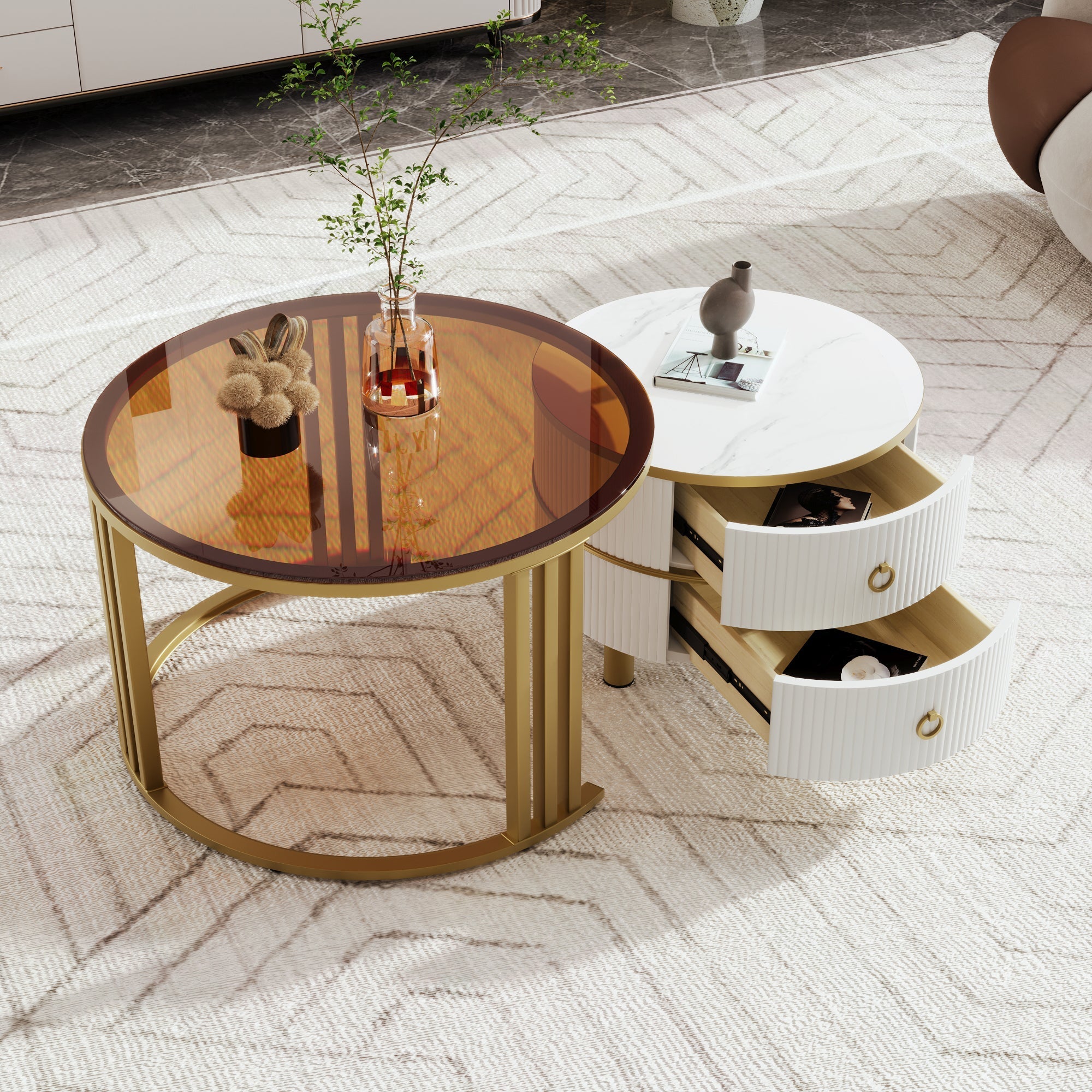 Coffee Table, 2-in-1 Round MDF & Tempered Glass with 2 Drawers, White & Brown