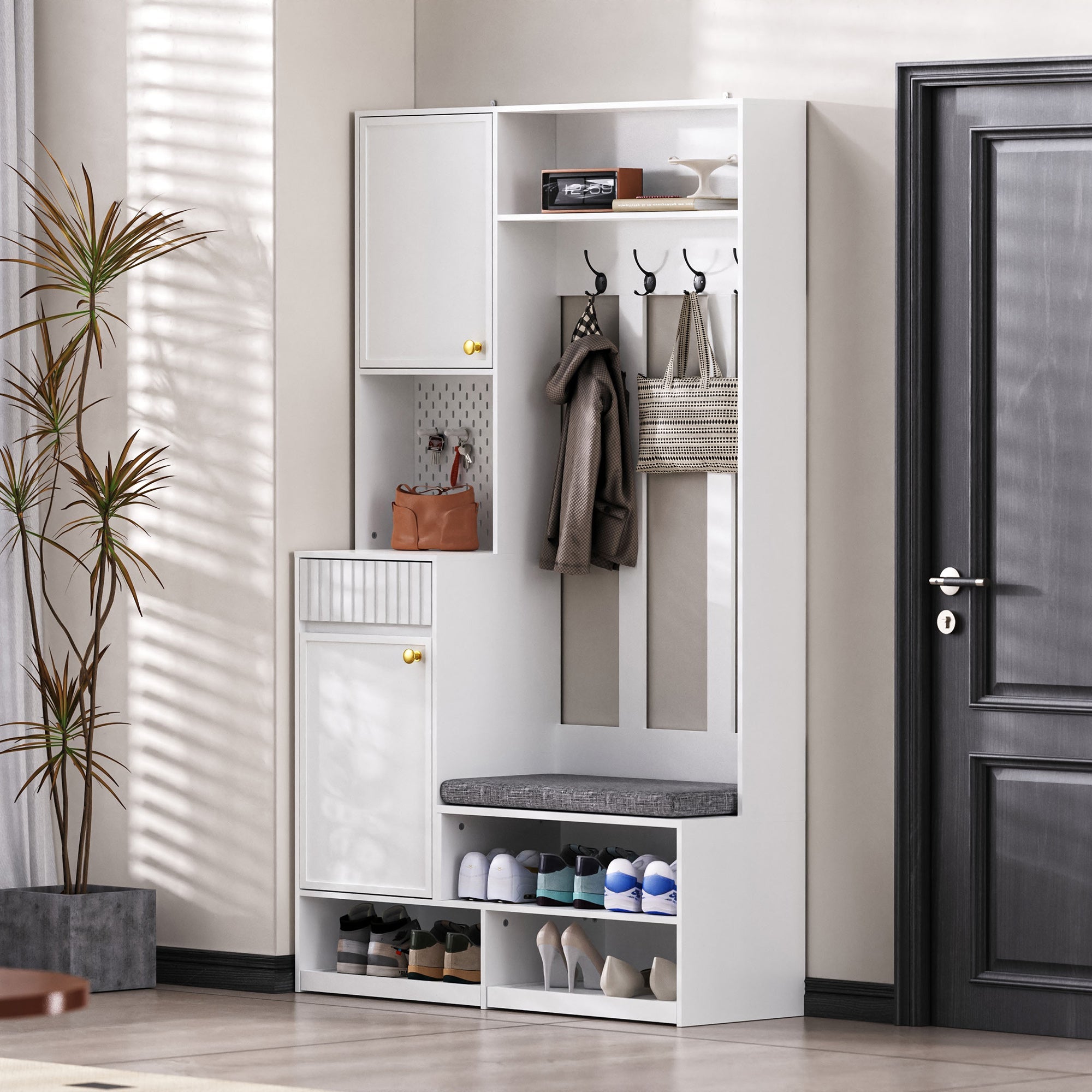 Wardrobe set, complete hallway with bench, 4 hooks, doors & drawers - white