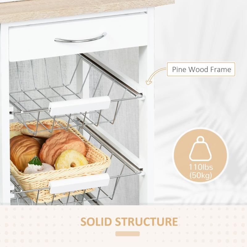 Rolling Kitchen Cart with 4 Basket Drawers & Side Racks, Natural and White