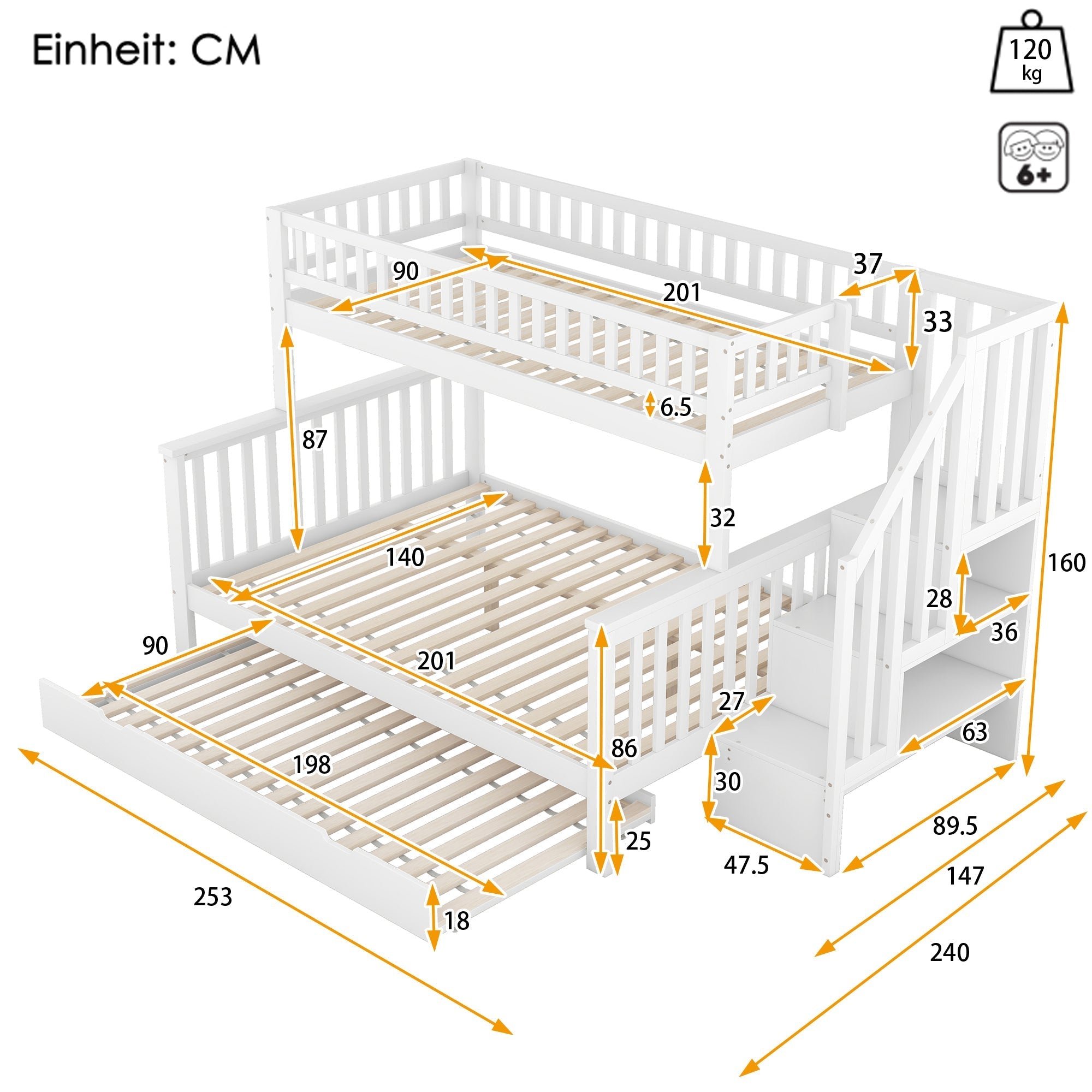 Bunk Bed 90x200cm/140x200cm with Stairs & Rolling Container, Pine Wood White