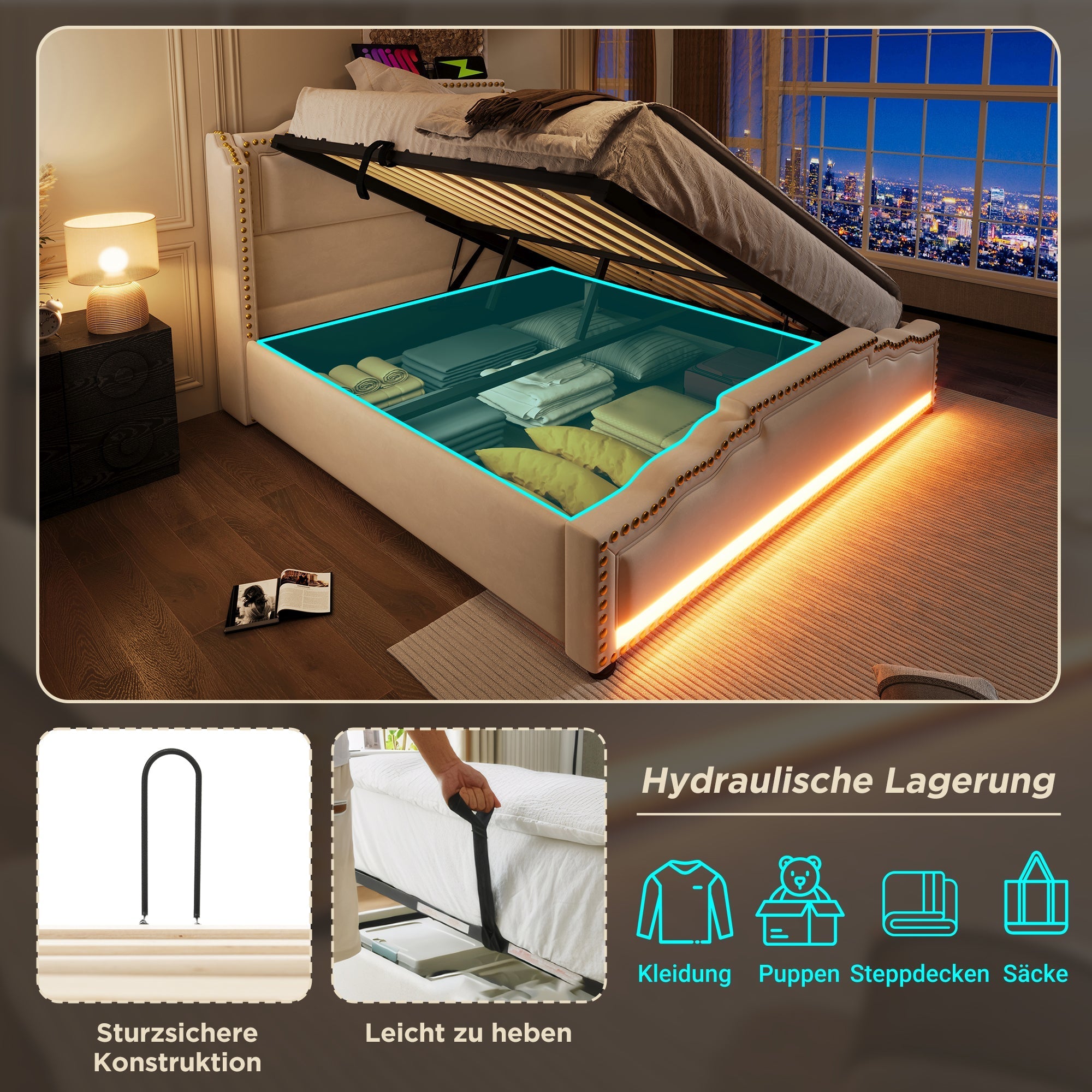 Upholstered Bed 140x200, Hydraulic Storage, LED, USB-C, Velvet Beige