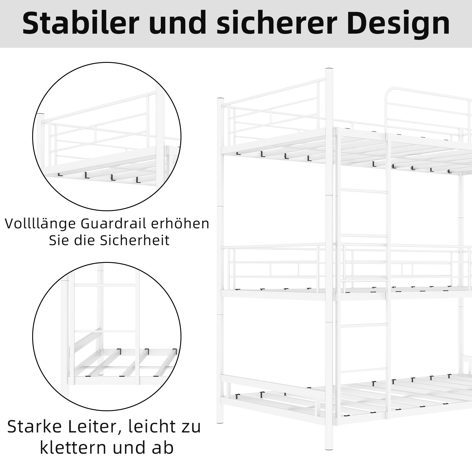 Triple Frame Bed, Heavy-Duty with Built-in Ladder & Railing, Metal
