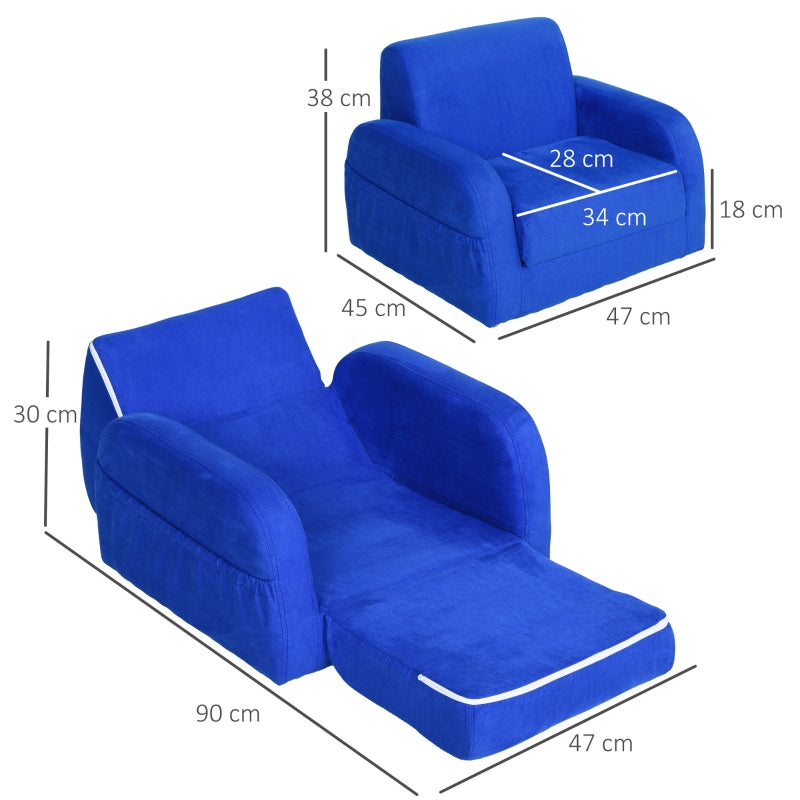 2 In 1 Kids Armchair Sofa Bed Fold Out Padded Wood Frame, Blue