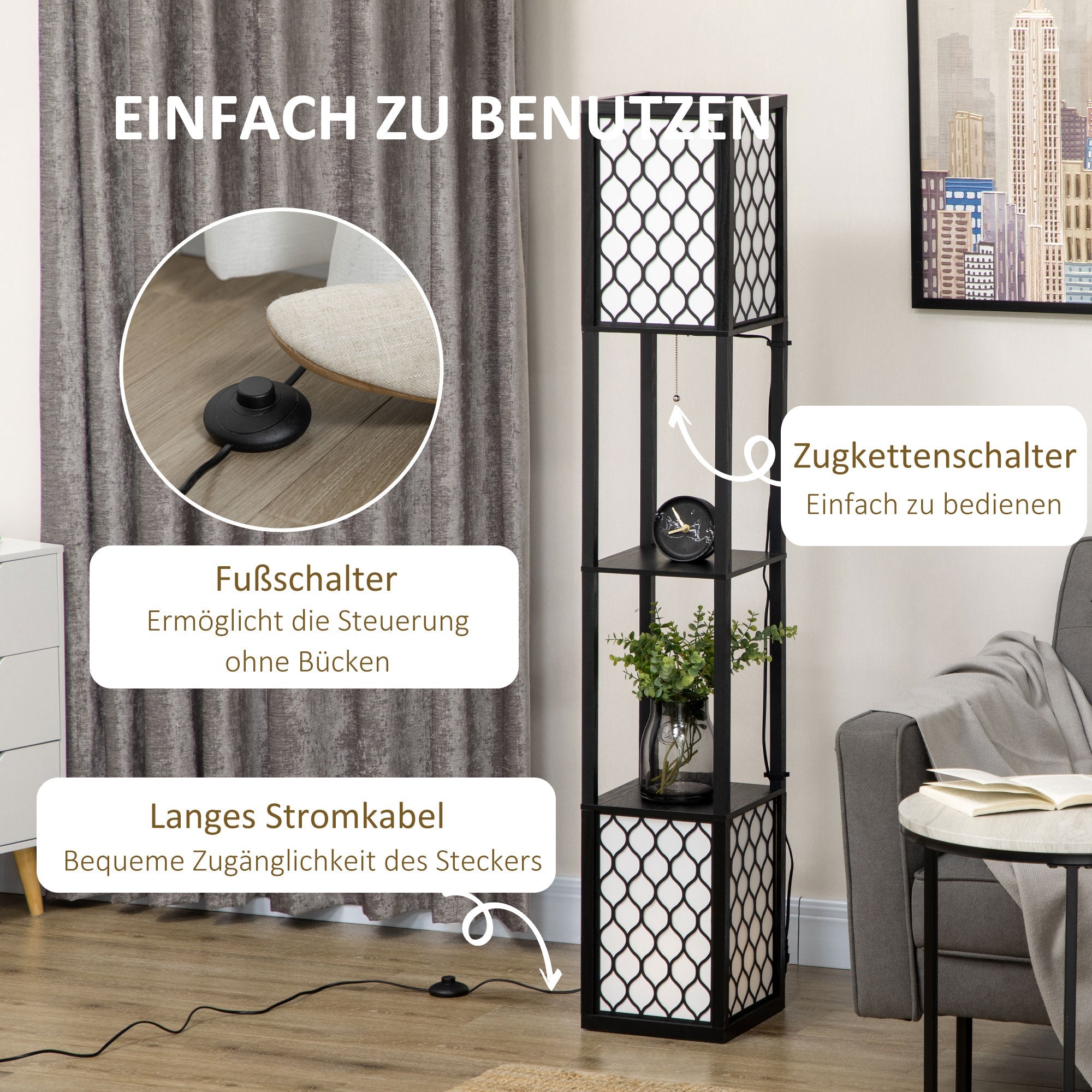 Floor Lamp with Shelf, Double Light, 40W E27, Pull Chain Switch