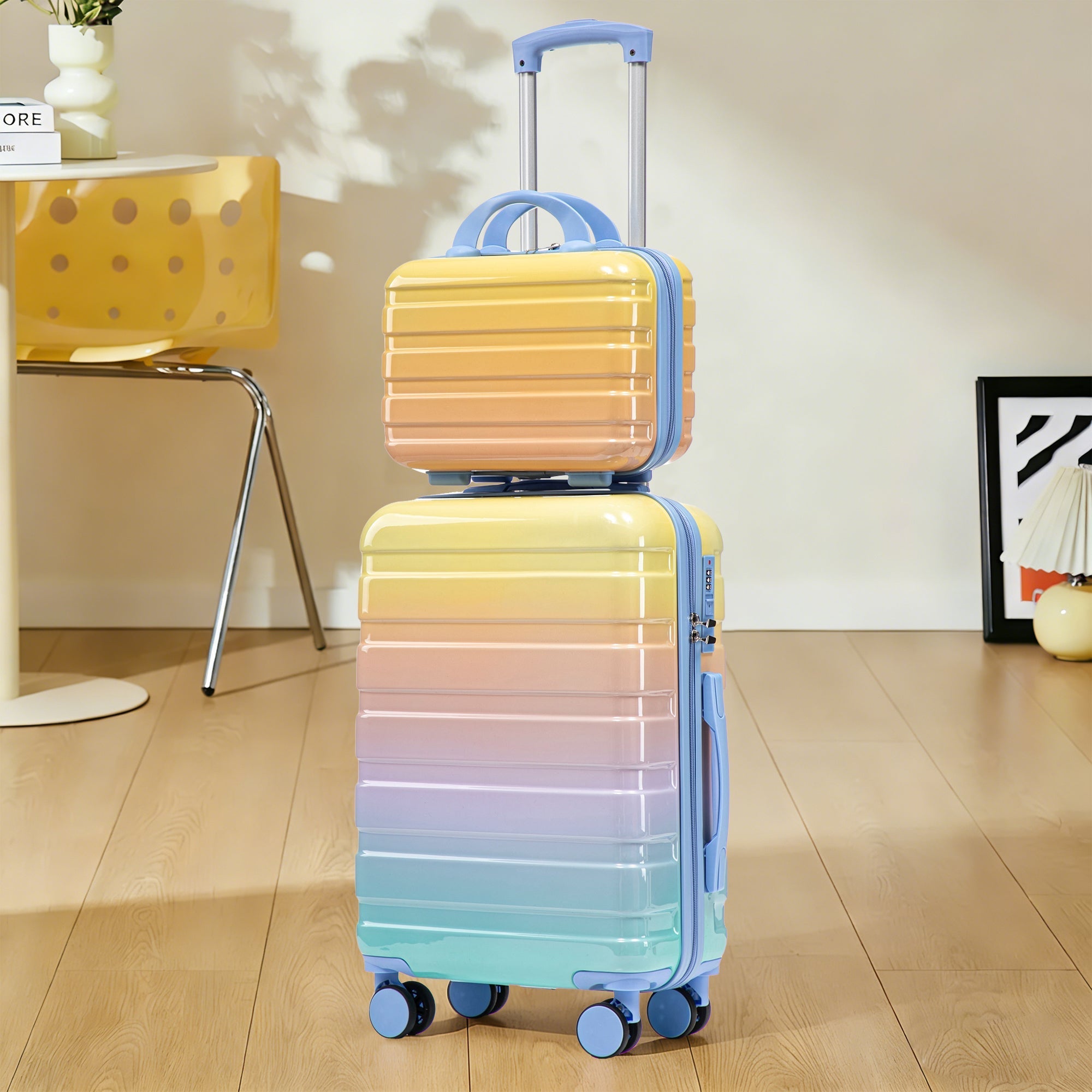 PC Spinner Luggage Set 14"/20" 2-Piece with Lock & Cosmetic Bag - Yellow