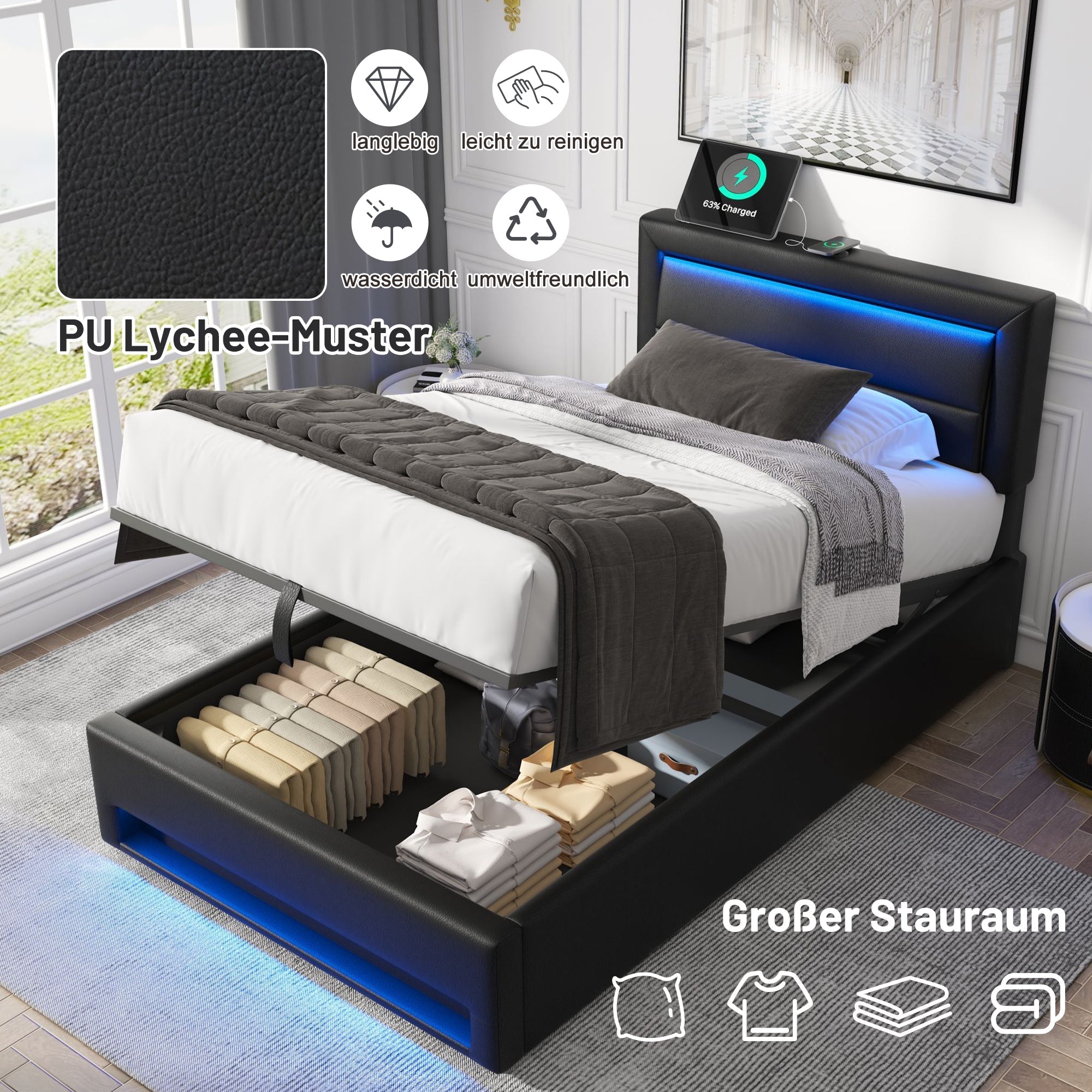 Upholstered Bed 90 x 190 cm with USB Charging, LED Lighting and Storage, Black PU Leather