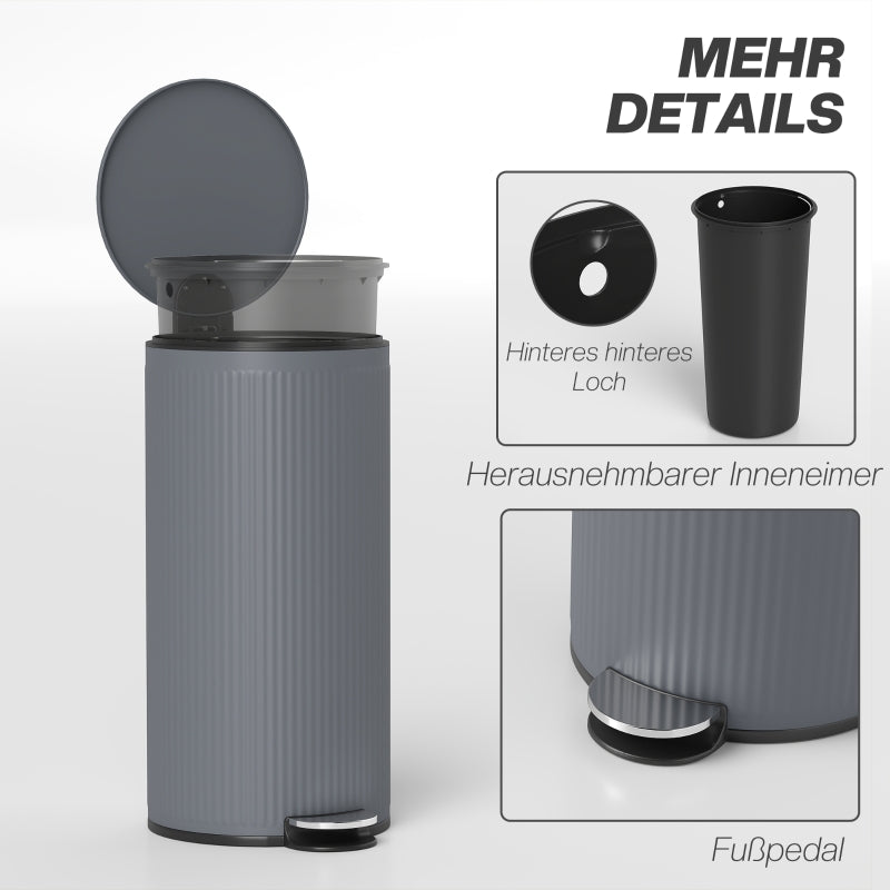 Pedal Bin 30L Soft-Close Metal Inner Bucket - Dark Grey