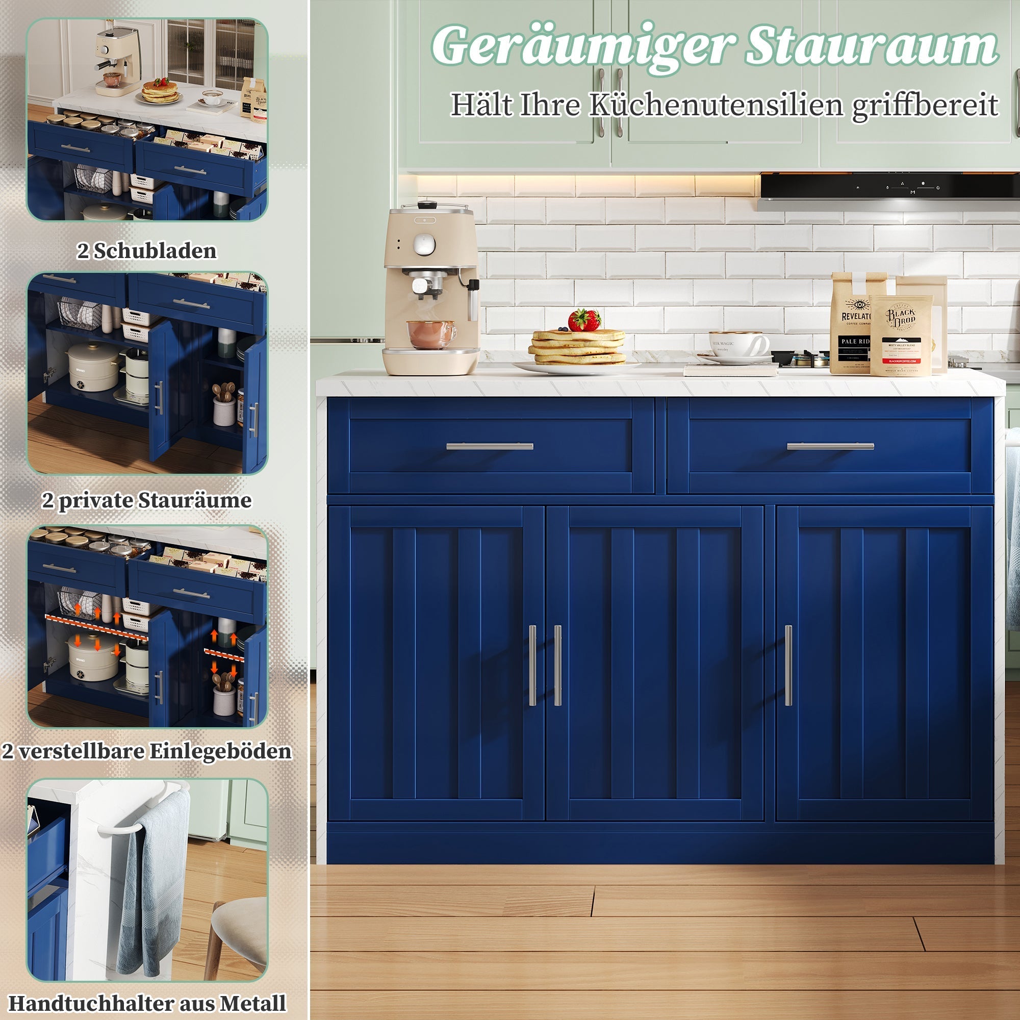 Kitchen Island with Power Outlets and Adjustable Shelves, Wood Look