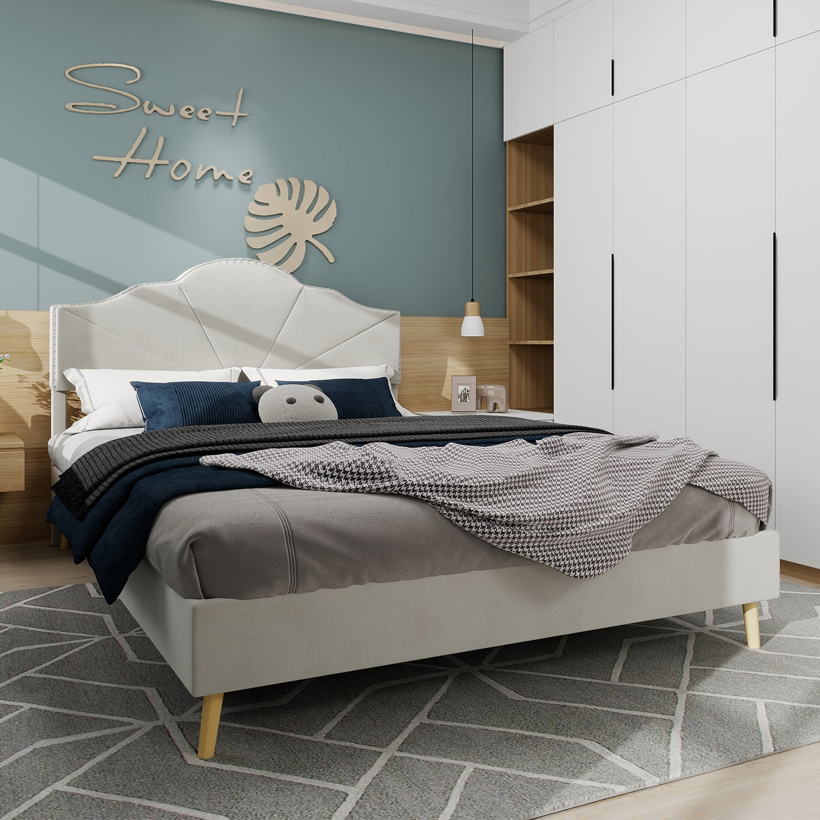 Modern Minimalist Soft Bed, Comfortable Headboard, 160x200CM, Beige