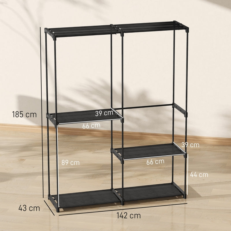 Portable Clothes Rack Metal Frame Storage Shelves - Black
