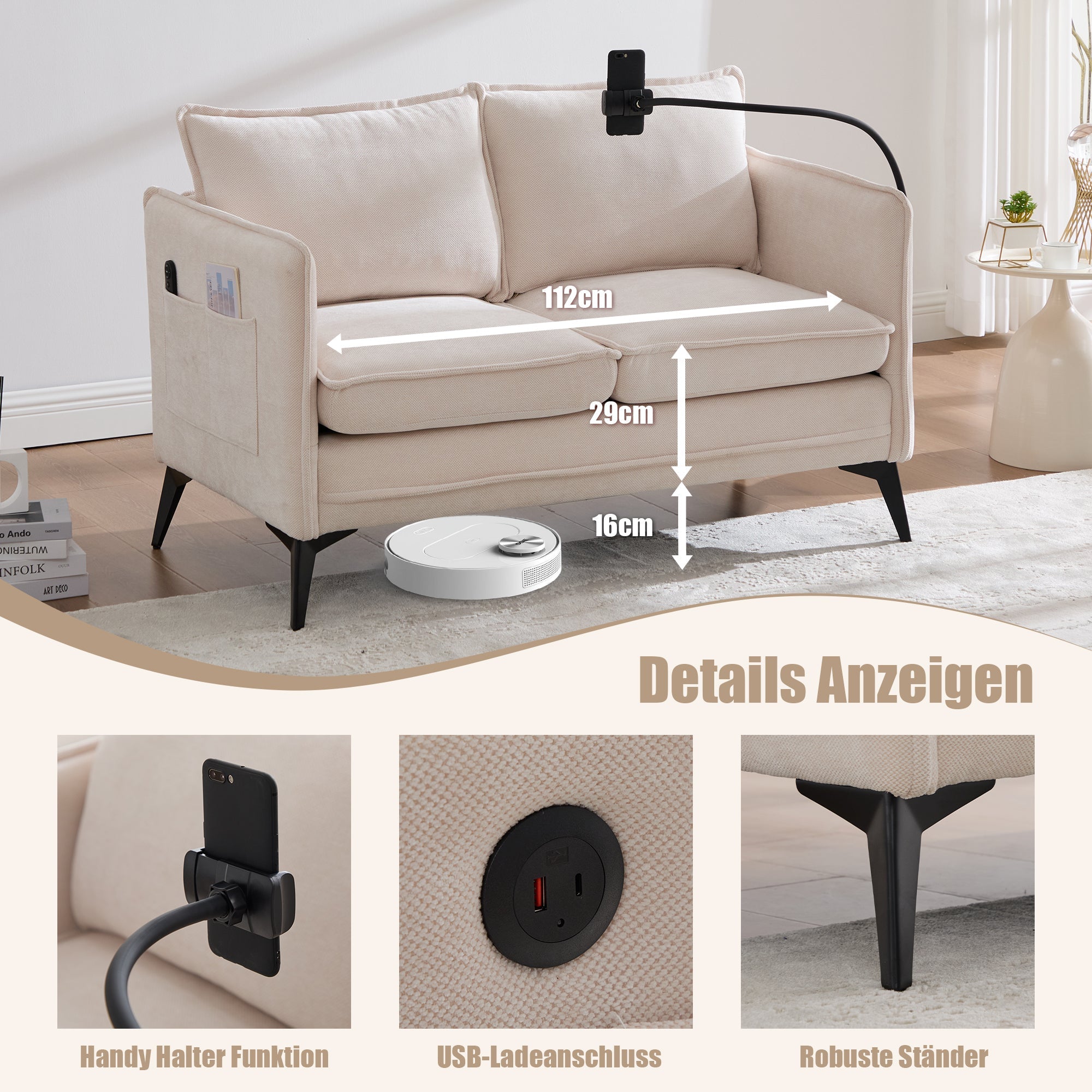 Modern Double Sofa, Small Fabric Armchair with Storage & Phone Holder