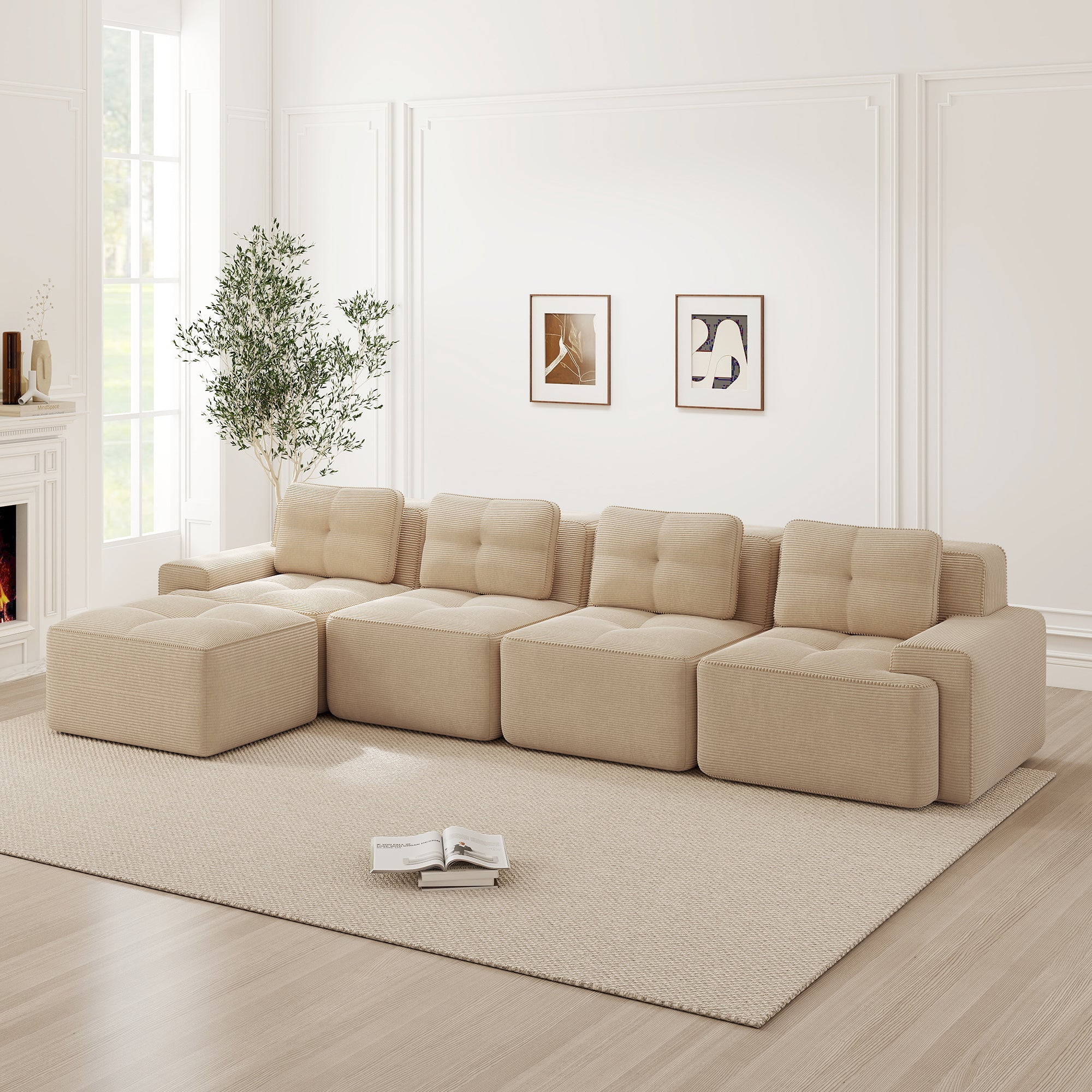 Boneless Modular Sofa L-Shaped Chaise 4-Seater Deep-Seat - Corduroy Beige