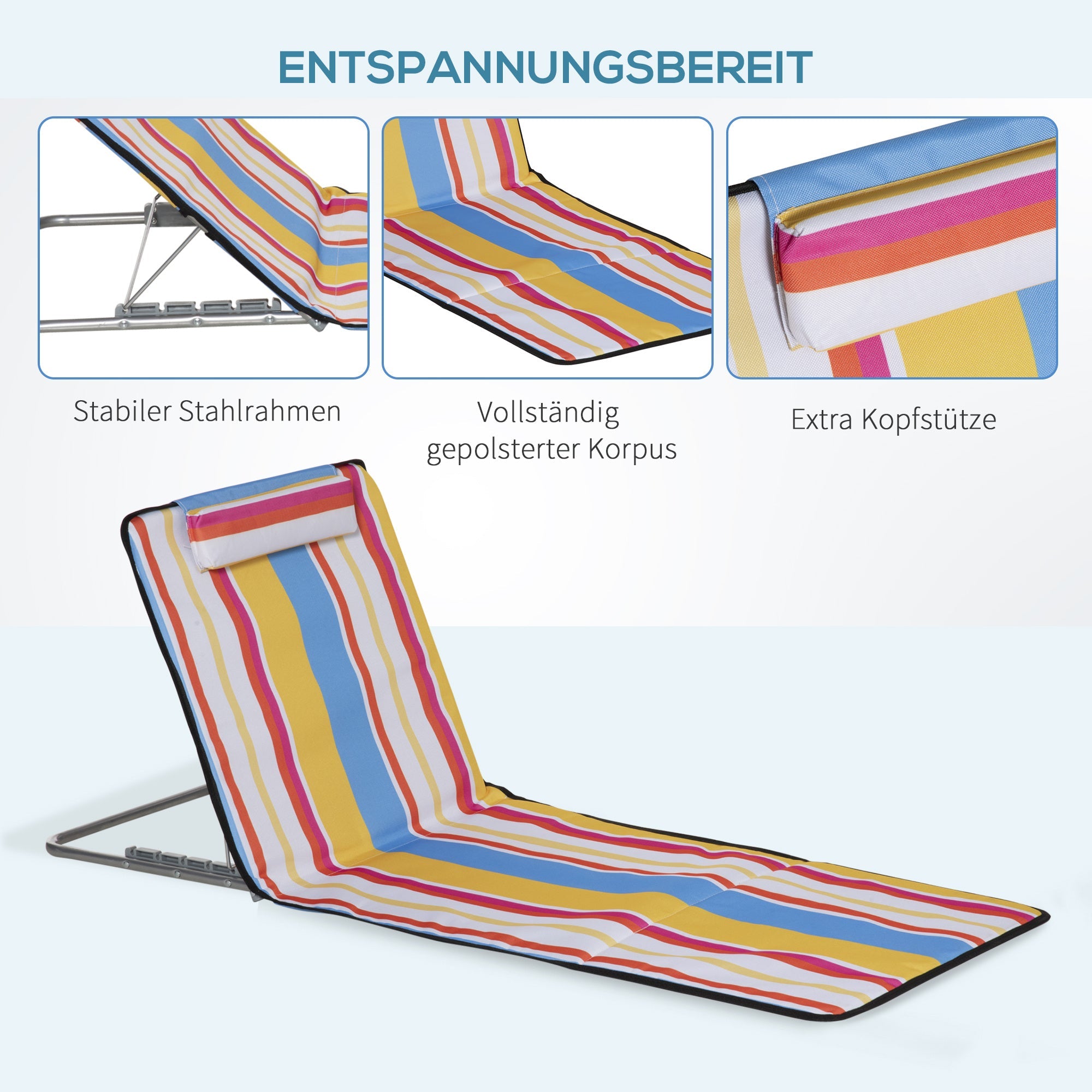 Beach Mat Set of 2, Foldable Lounger 5-Level Adjustable with Headrest & Bag, Steel, Multicolor