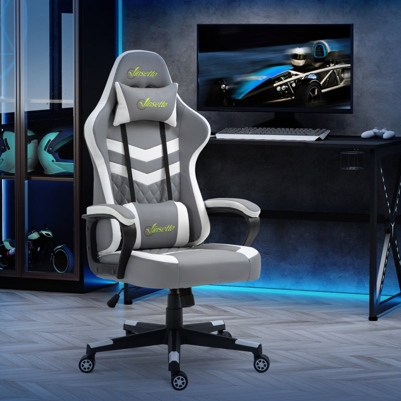 Gaming Chair with Lumbar Support, Headrest, Swivel Wheels, Faux Leather Grey White