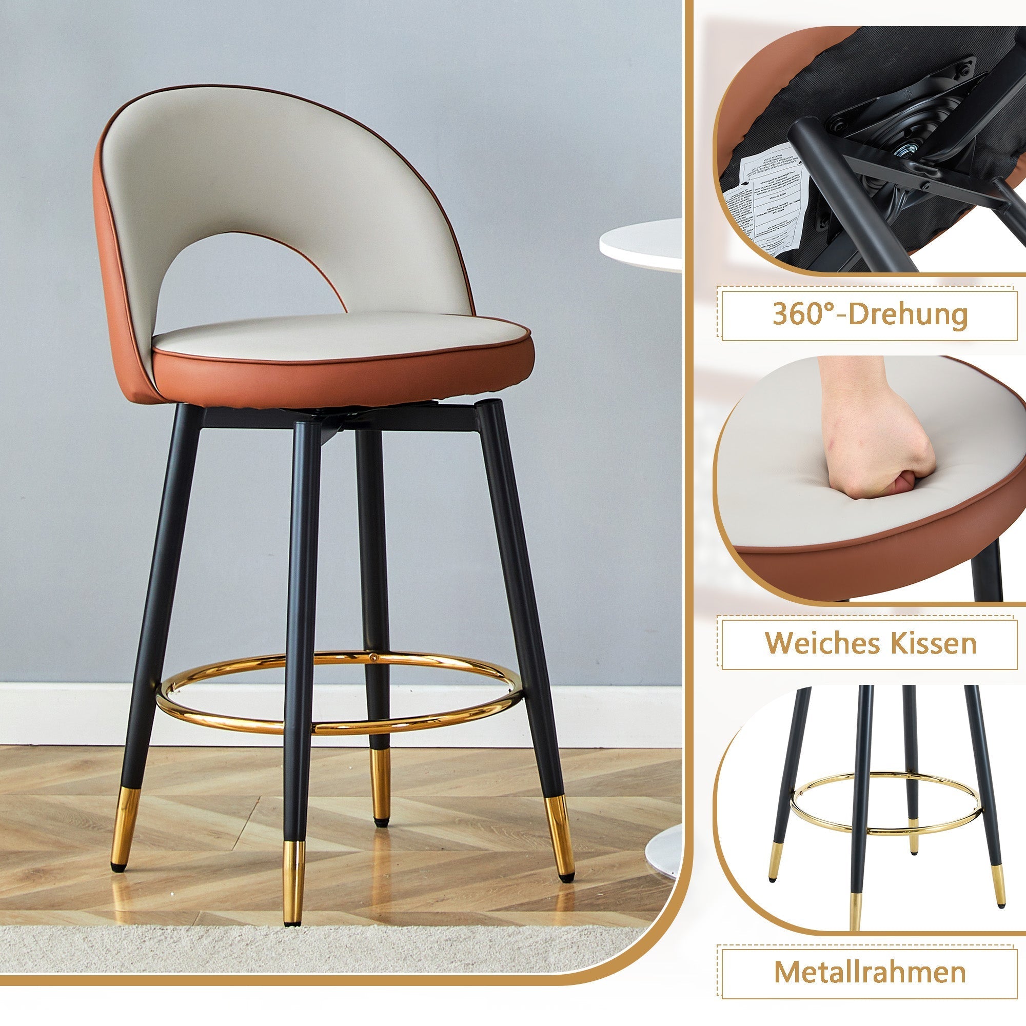Bar Stool 360° Swivel Padded Set of 2 - PU Light Grey/Brown