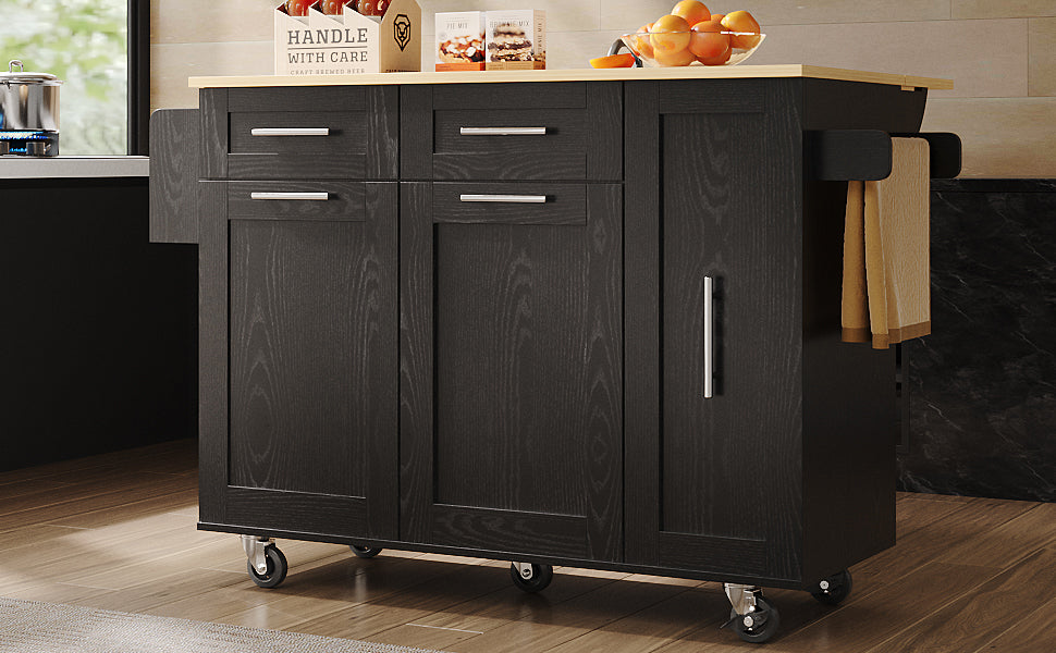Modern Kitchen Island Buffet Cabinet Dining Table Storage Cart Wood Grain Black