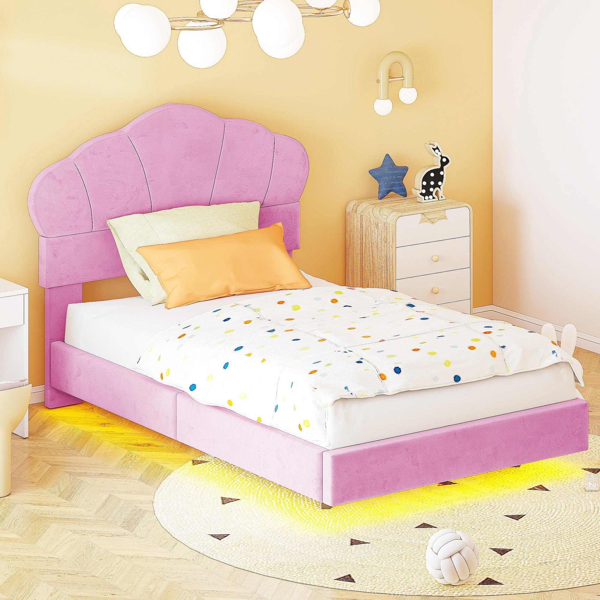 Upholstered Bed 90x200cm LED Cloud Headboard Children's Youth Velvet Pink