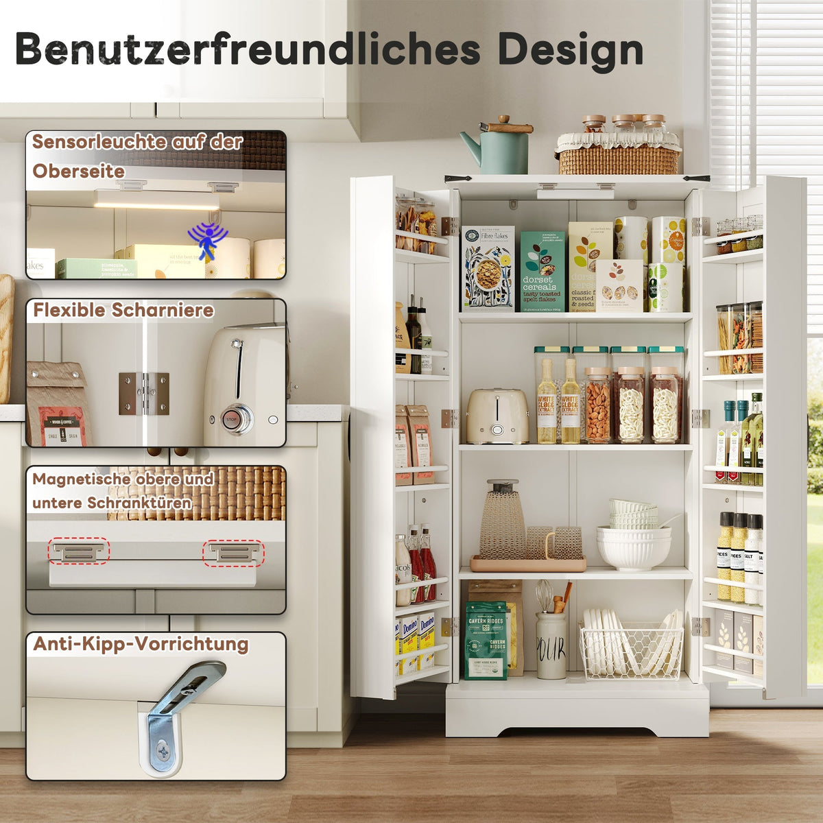 Pantry Cabinet 128.5cm Farmhouse LED 2 Doors Adjustable Shelves - White