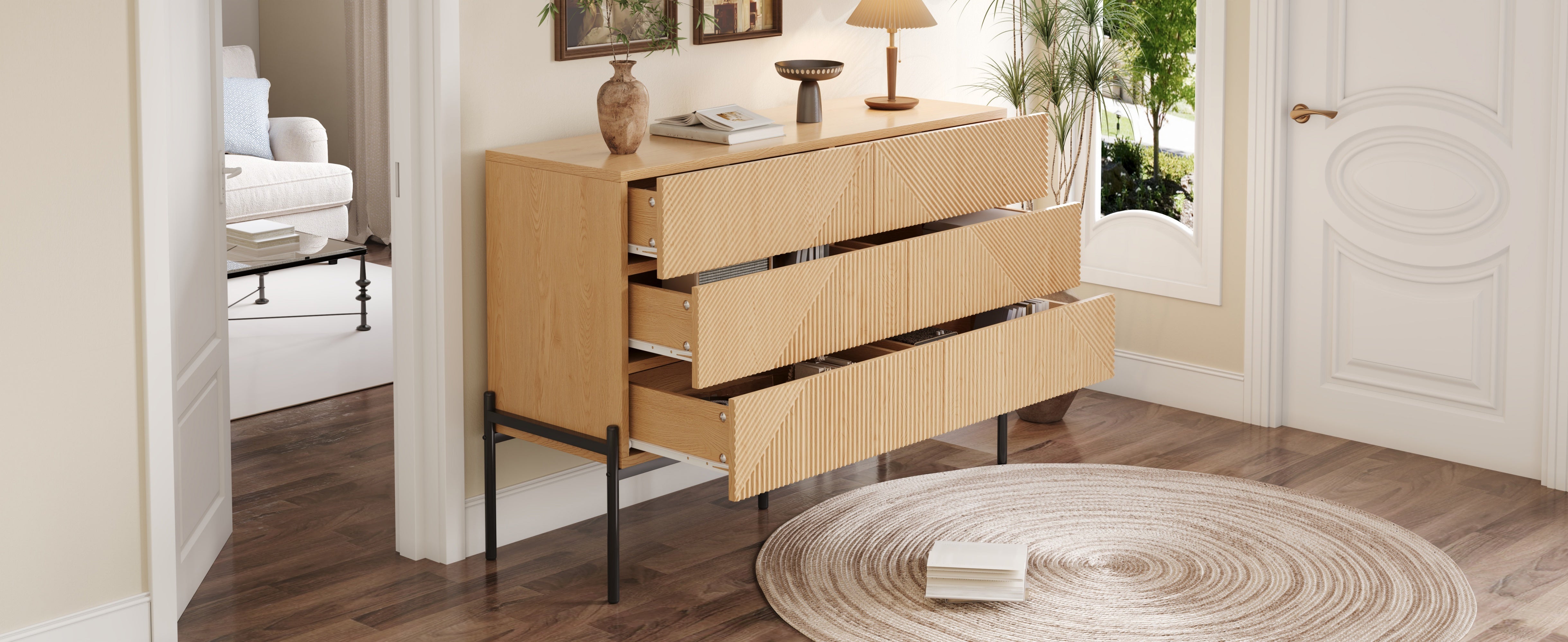 Sideboard with Six Drawers and 3D Geometric Texture, Multifunctional Storage for Living and Dining Room, Wood and Metal