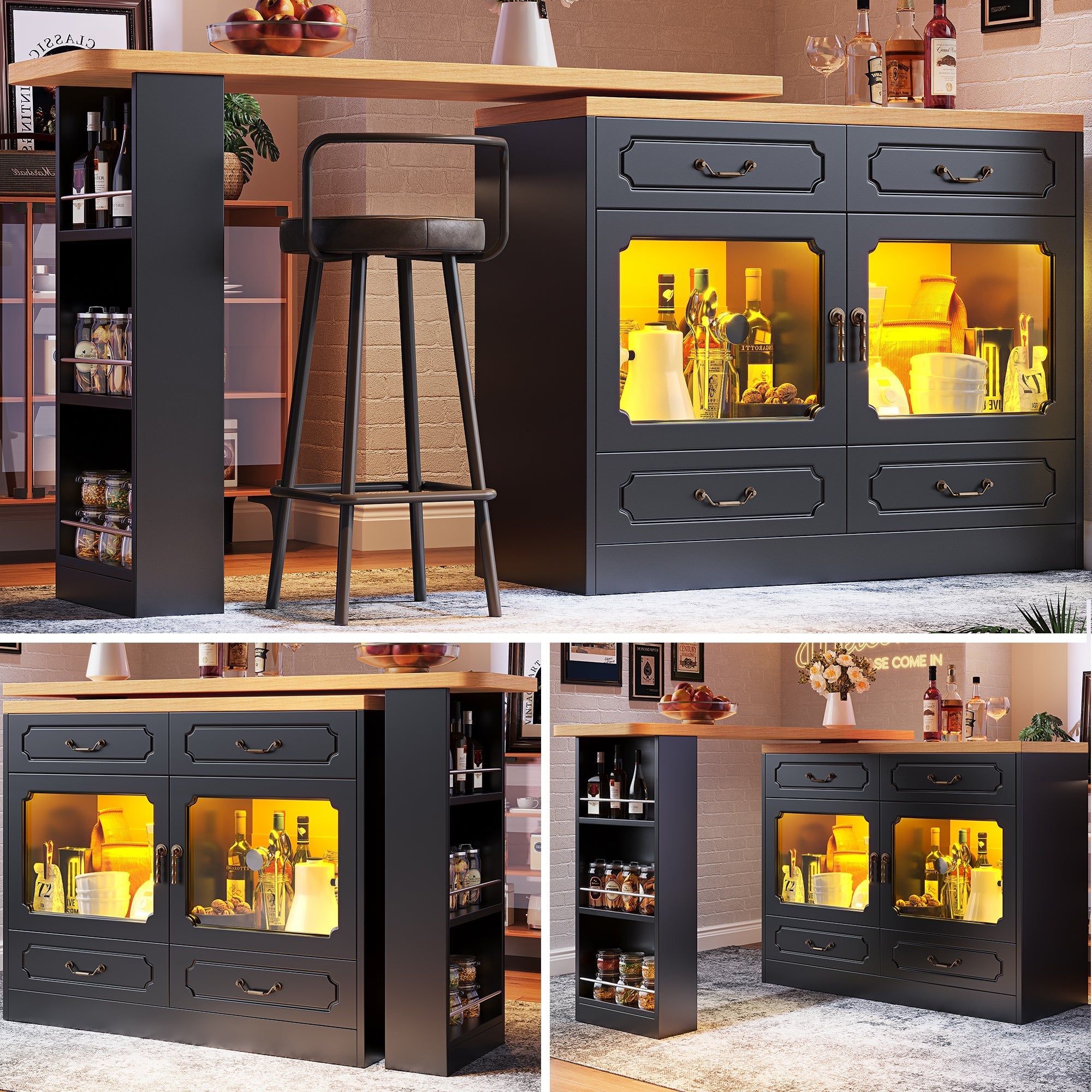 Bar Table 360° Rotation Dining with Storage and Drawers, Black