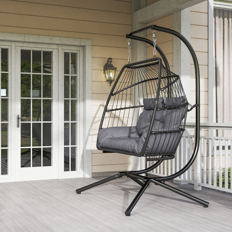 Hanging Chair with Frame, Foldable Basket with Cushion, Ergonomic Swing for 2 people, 260 kg capacity, Dark Gray