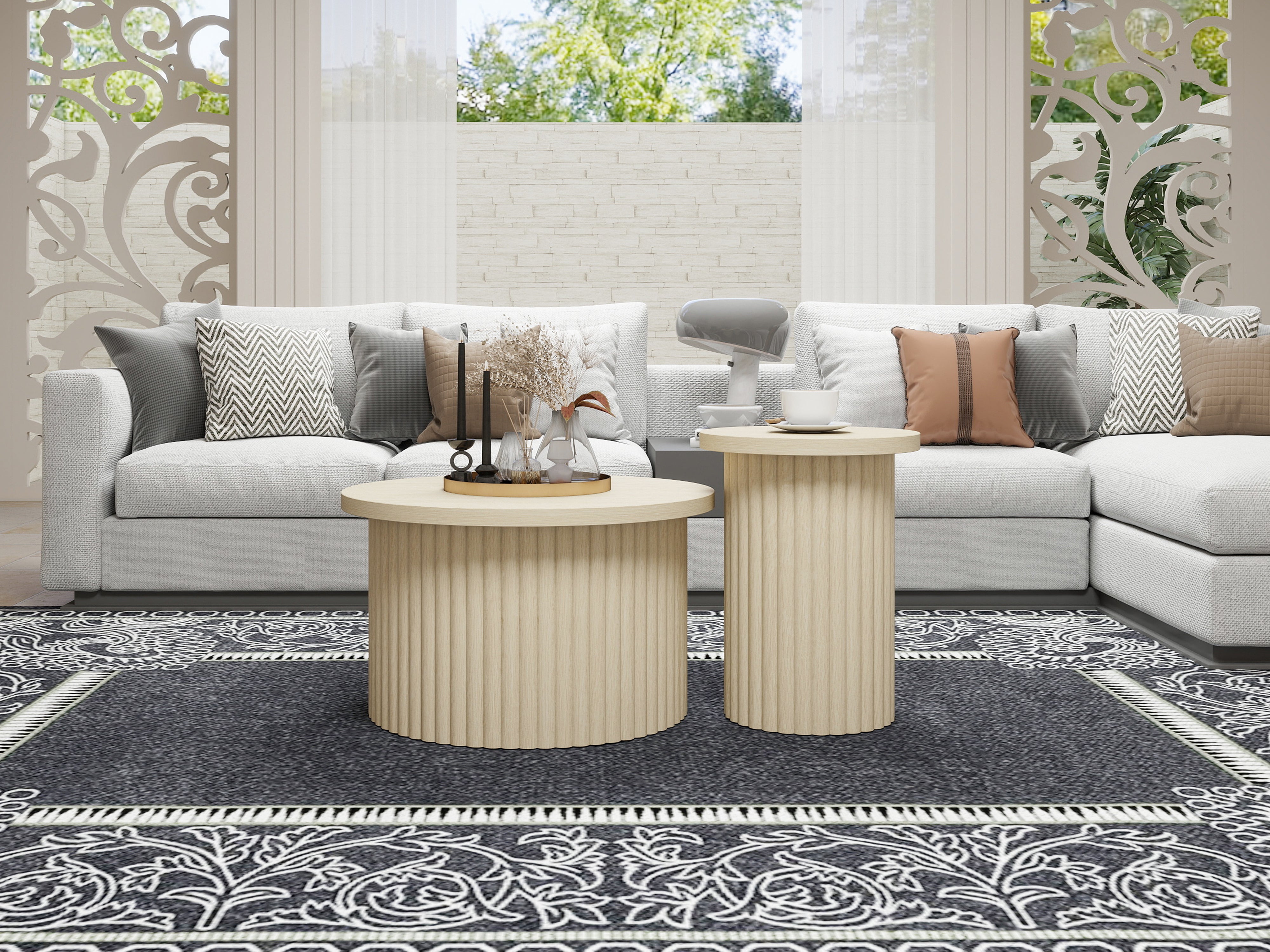 Coffee Table Set, Round 2-Pack Side Table, Natural Wood