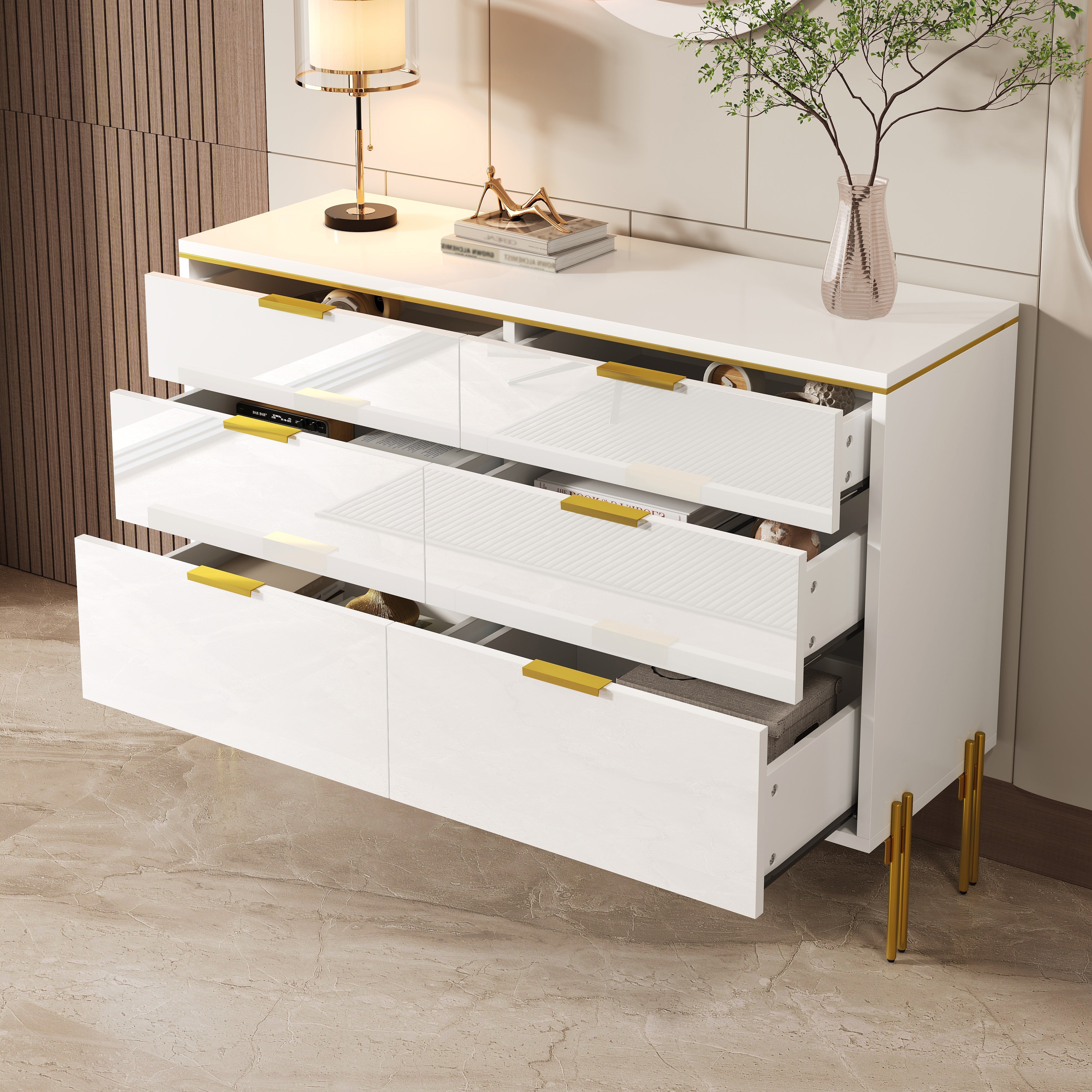 Sideboard Cabinet Modern 6 Drawers High-Gloss - White and Gold