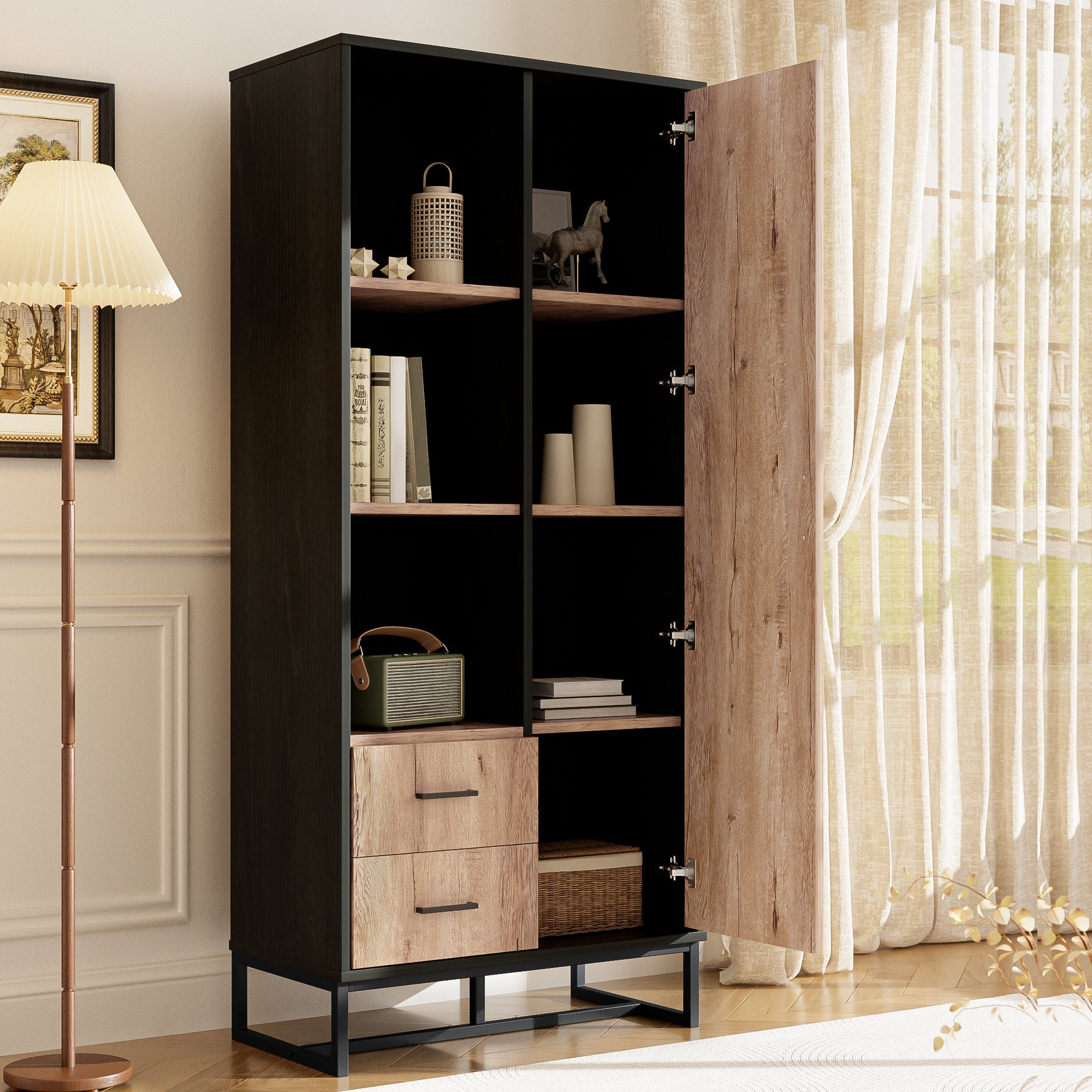 Highboard Cabinet with Door, 2 Drawers & 3 Open Compartments, Wood Look & Black Frame