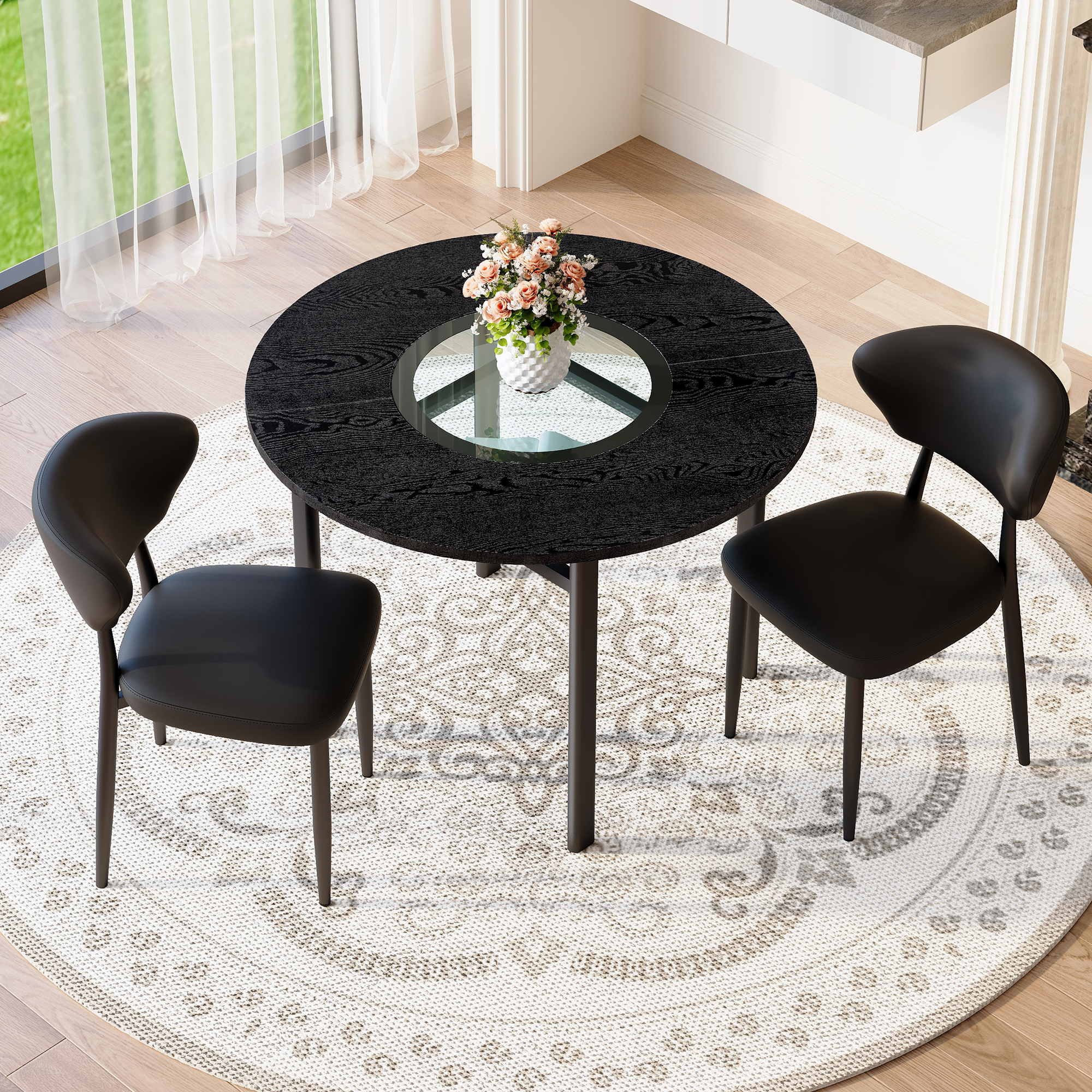 Minimalist Round Table Set 100cm Table 2 PU Armchairs Black Wood Look
