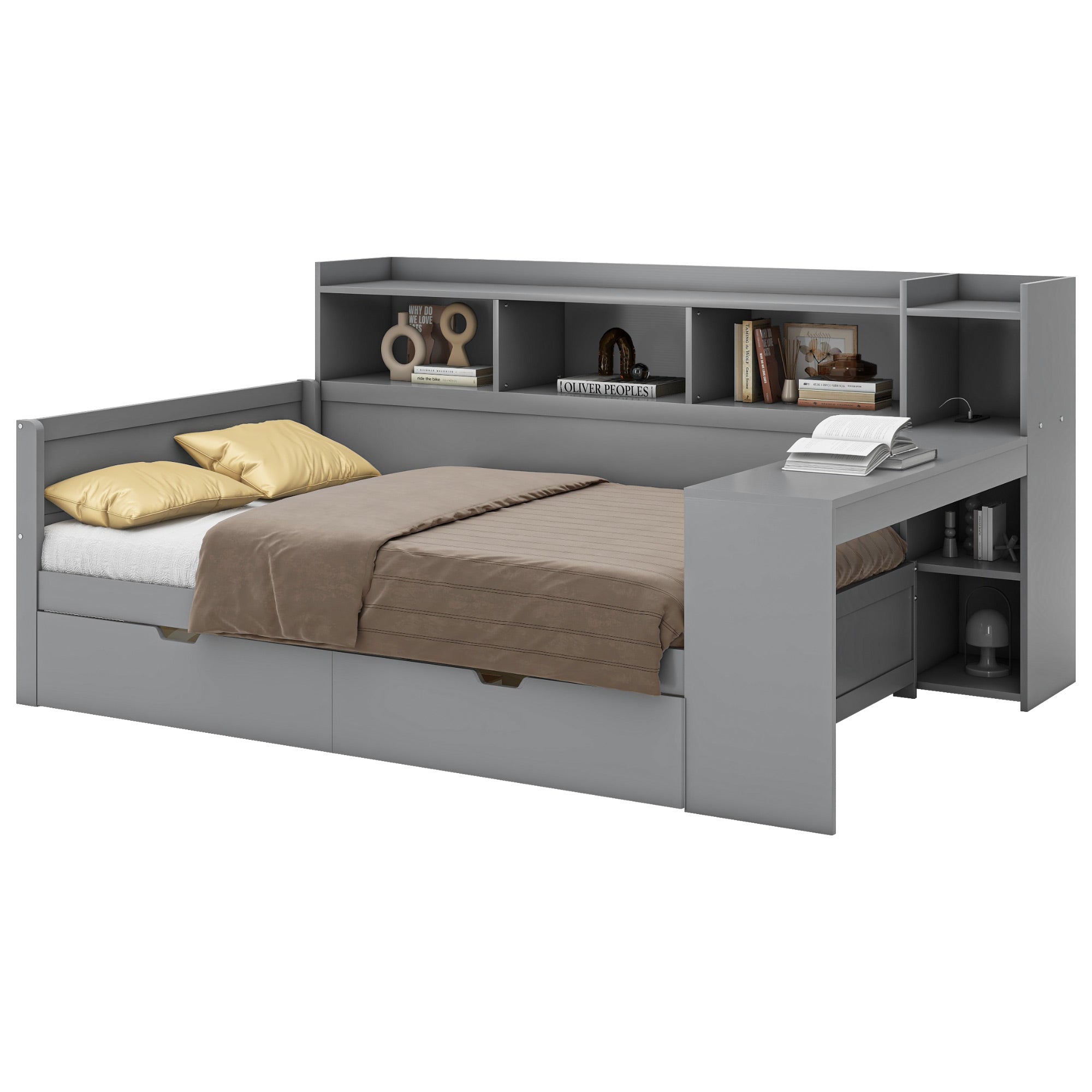 Sofa Bed Daybed, 90x200cm, USB, 2 Drawers, Desk, Grey Chipboard
