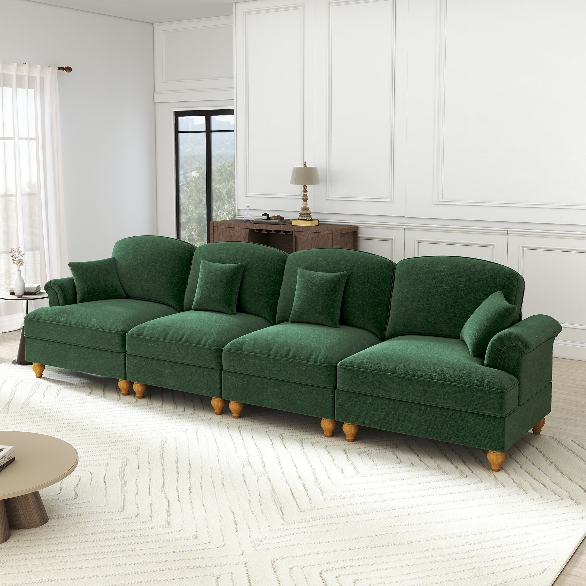 Sofa 4-Seater Mid-Century Chenille Ruffled Apron Spindle Legs - Green