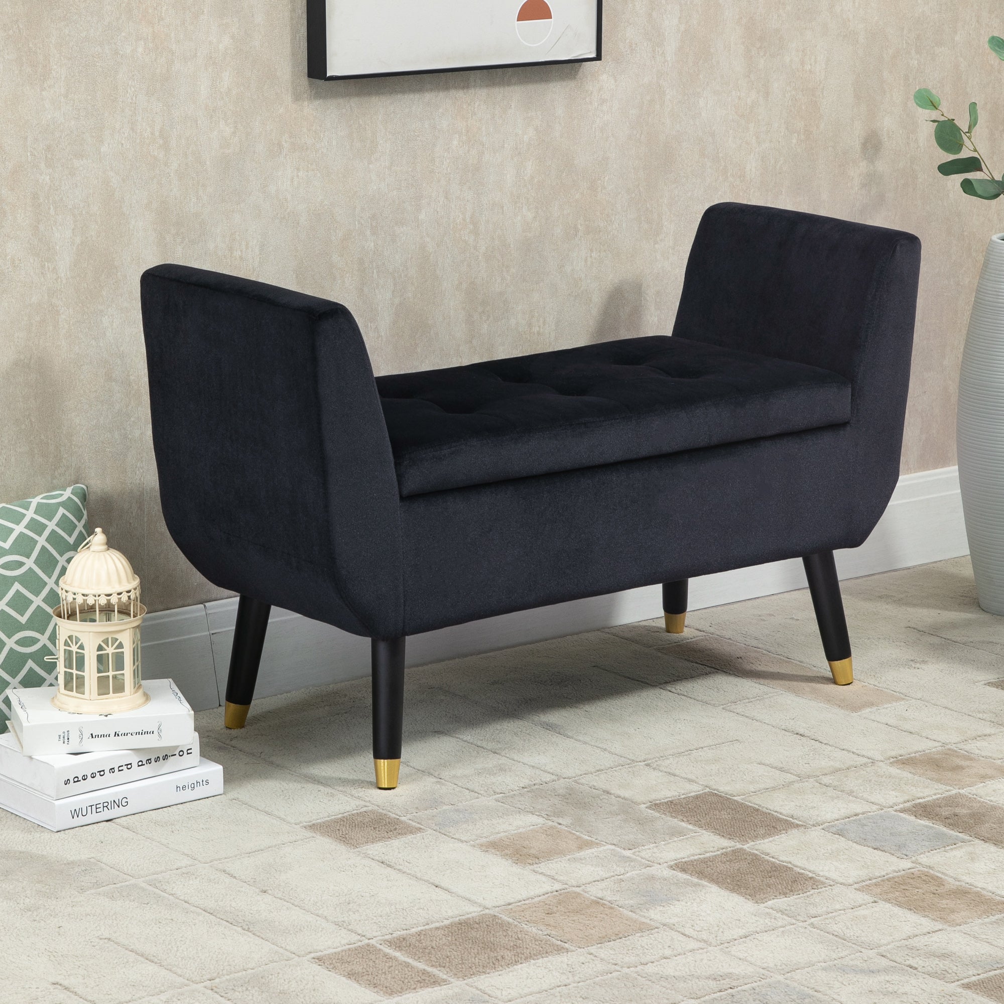 Luxury Upholstered Bench, with Storage & Armrests, Velvet Polyester, Black
