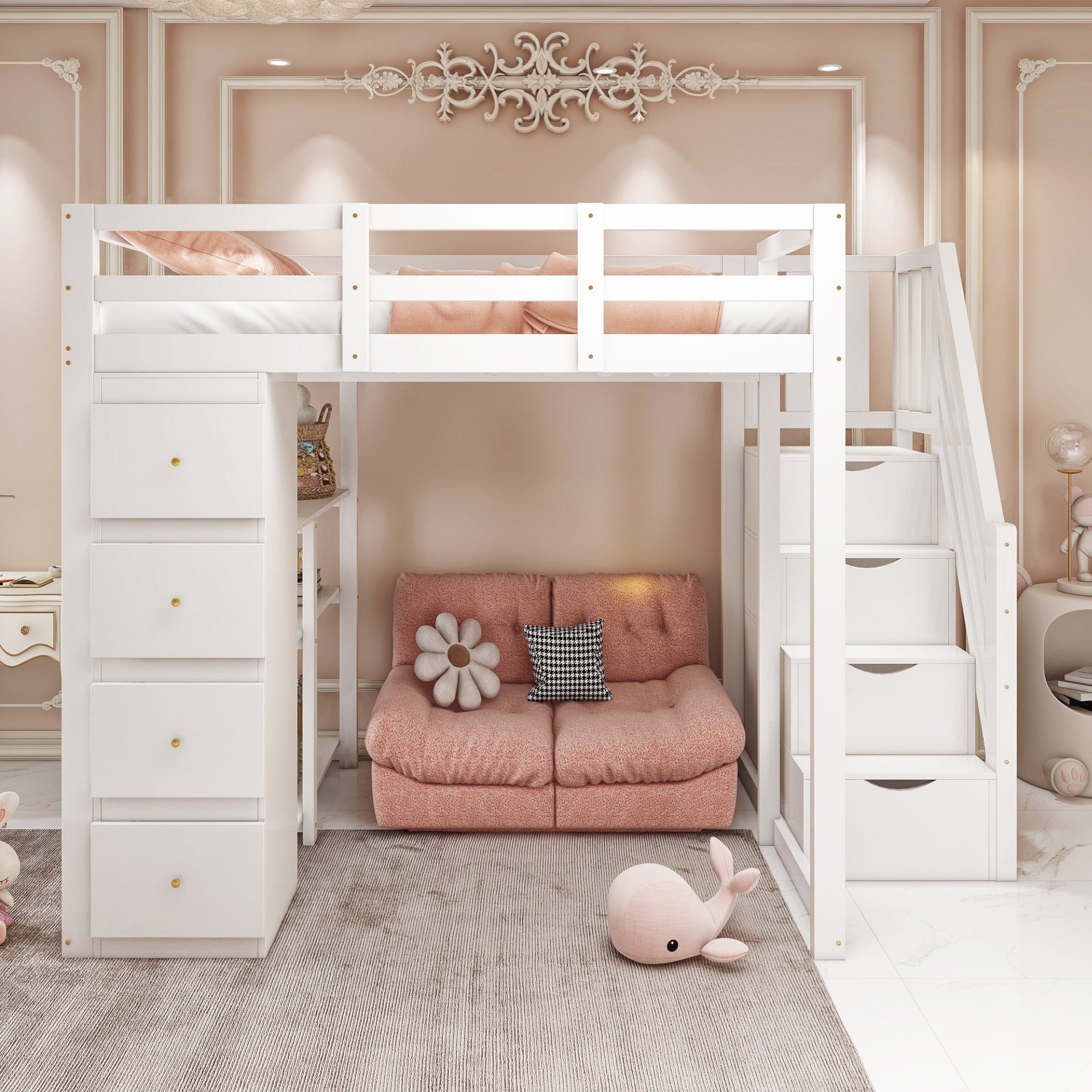 Loft Bed, 140x200cm with Storage, Ladder & Shelves, White Solid Wood