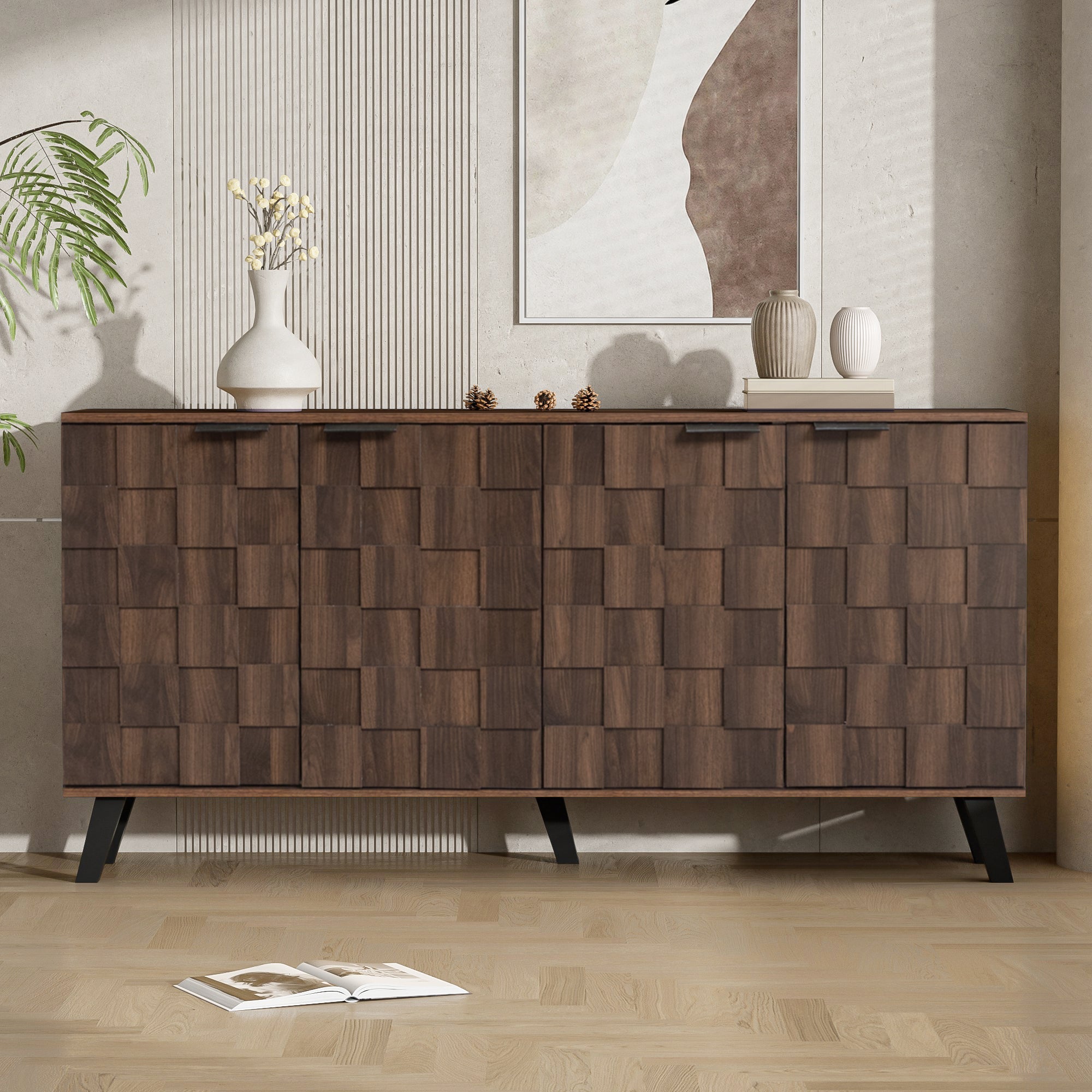 Modern Sideboard, 4 Doors 160.5x35.5x78 cm, Dark Wood Grain