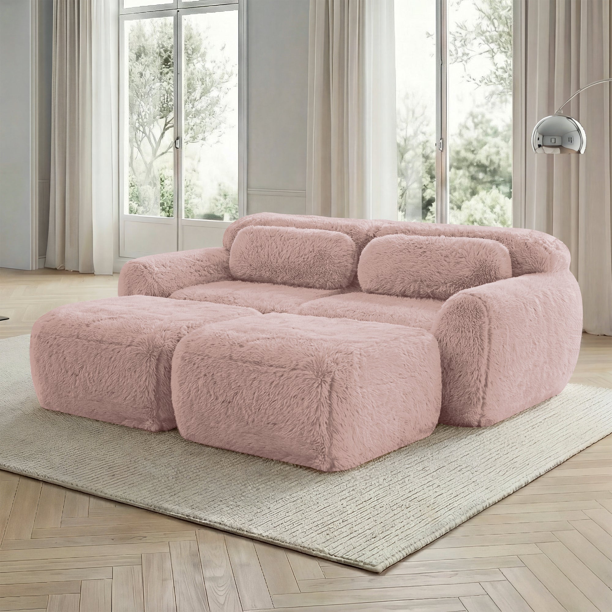 Boneless Cloud Sofas Modular Sleeper Sofa with 2 Ottomans Two-Seater Soft Plush Pink