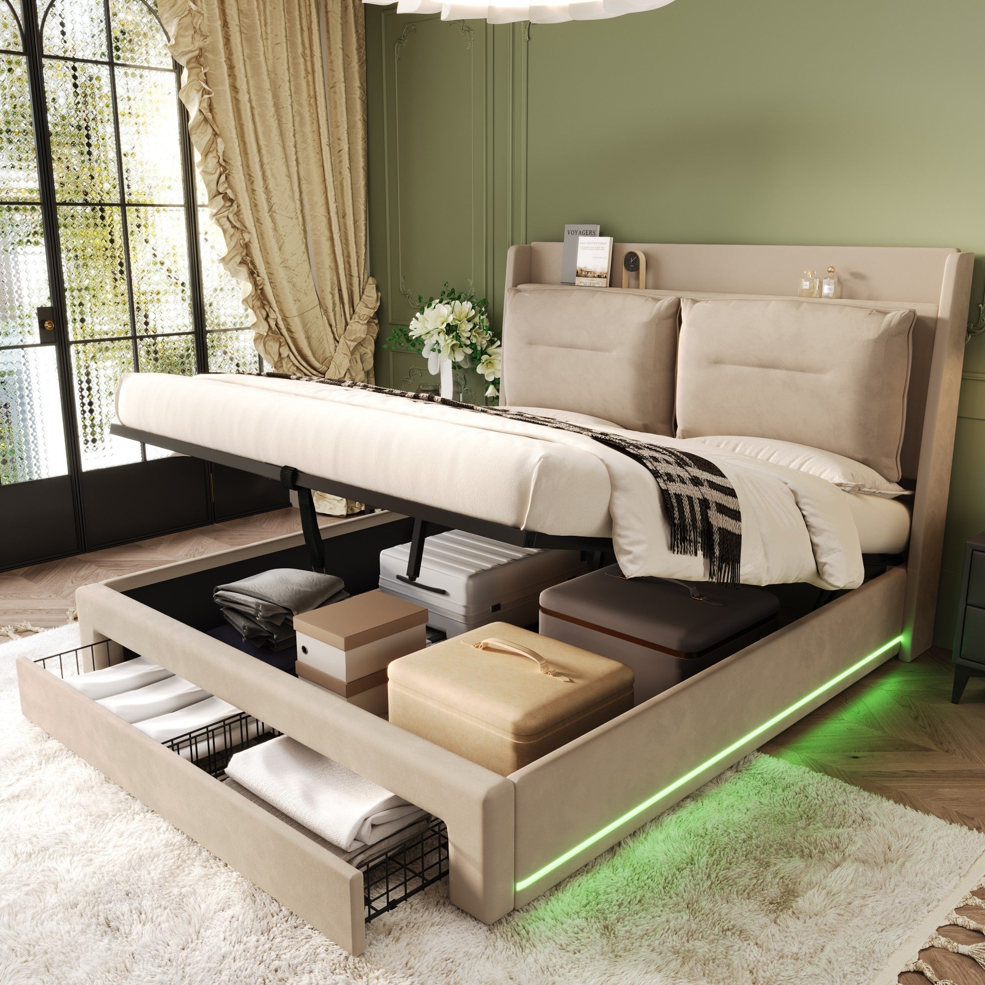 Upholstered Bed 160x200 Hydraulic Storage LED Light Drawers - Velvet Beige