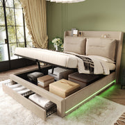 Upholstered Bed 180x200 Hydraulic Storage Drawers LED Light - Velvet Beige
