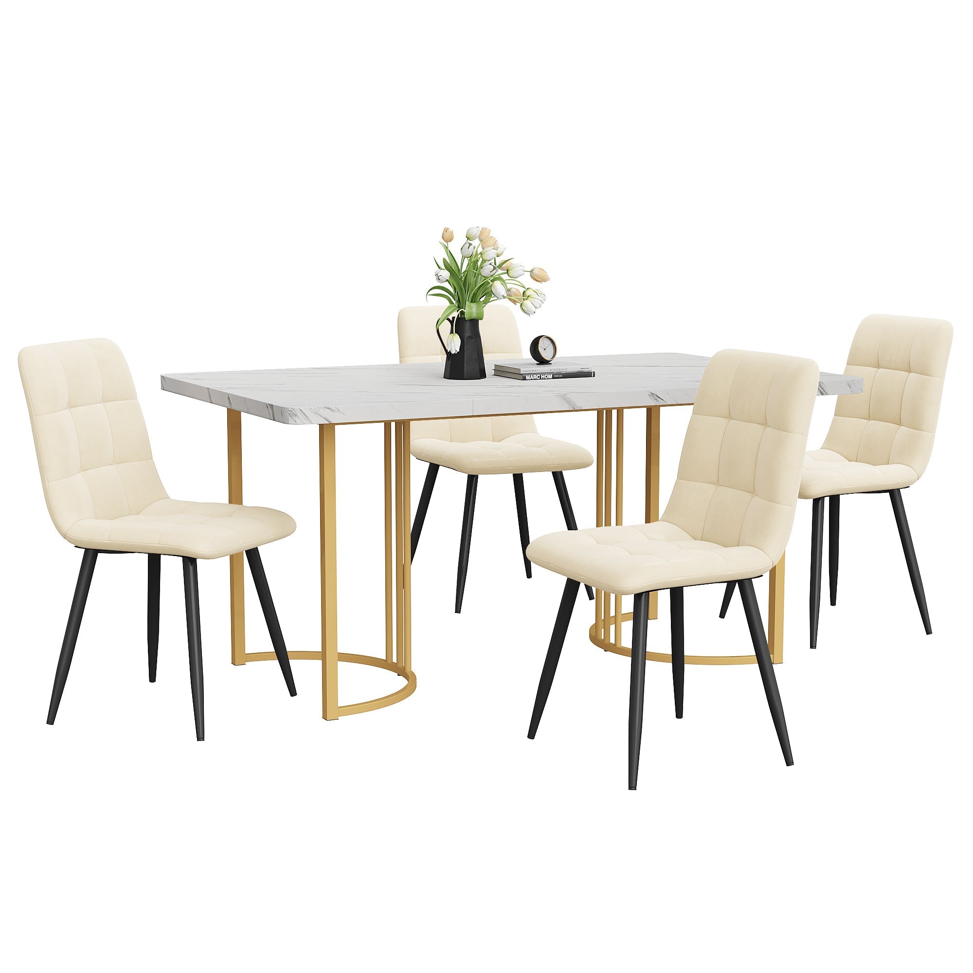 5-Piece Dining Set 140x80cm Modern Kitchen Table White MDF Beige Velvet