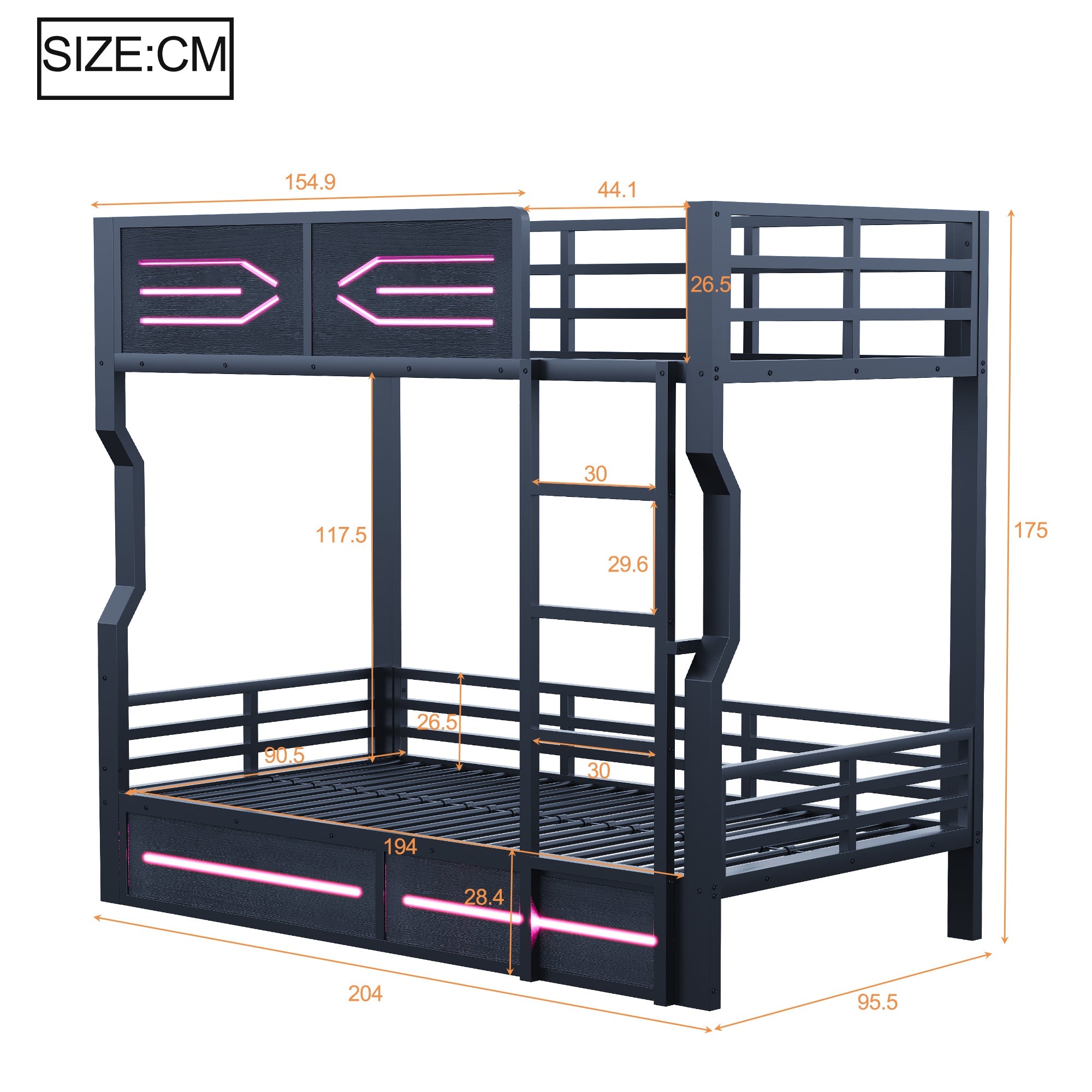 Iron Bunk Bed with LED Lighting and High Side Rails, 90x200cm, Black Iron