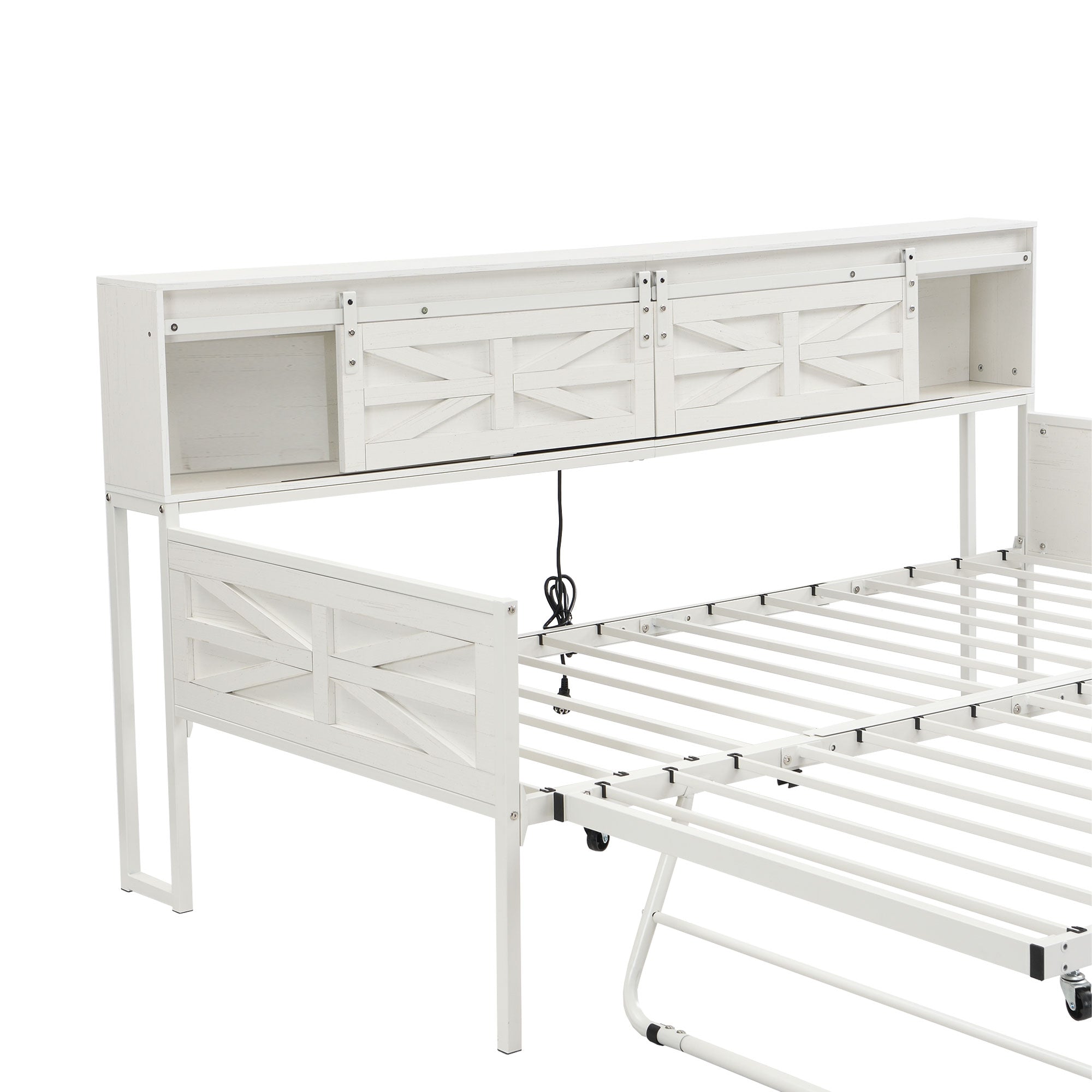 Multifunctional Iron Daybed with Storage Shelves and Pull-out Bed, White/Black Metal