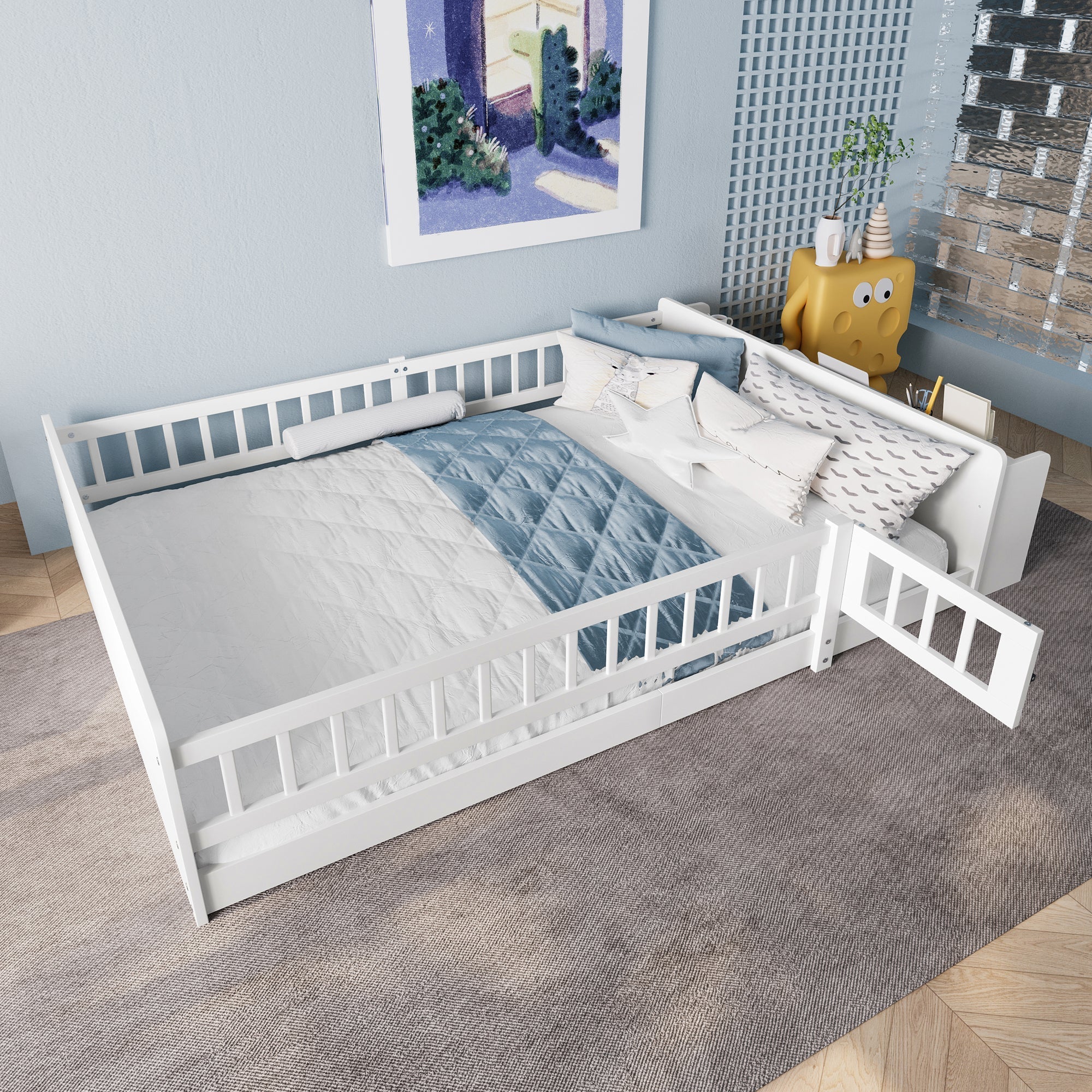 Wooden Children's Bed 140x200cm Open Storage Shelves Pine Wood - White