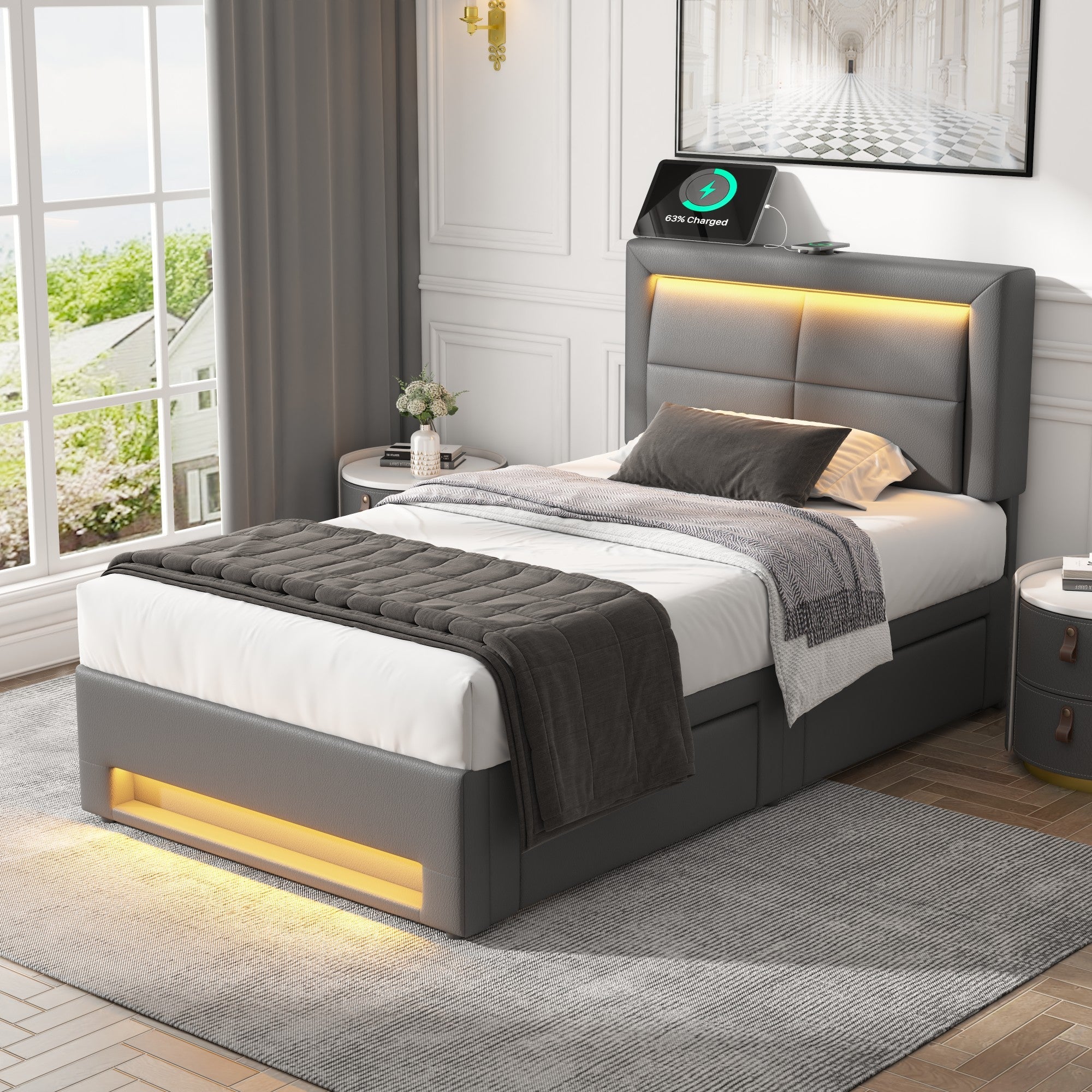 Upholstered Bed 90x190cm USB/Wireless Charging LED 4 Drawers - Grey PU Lychee