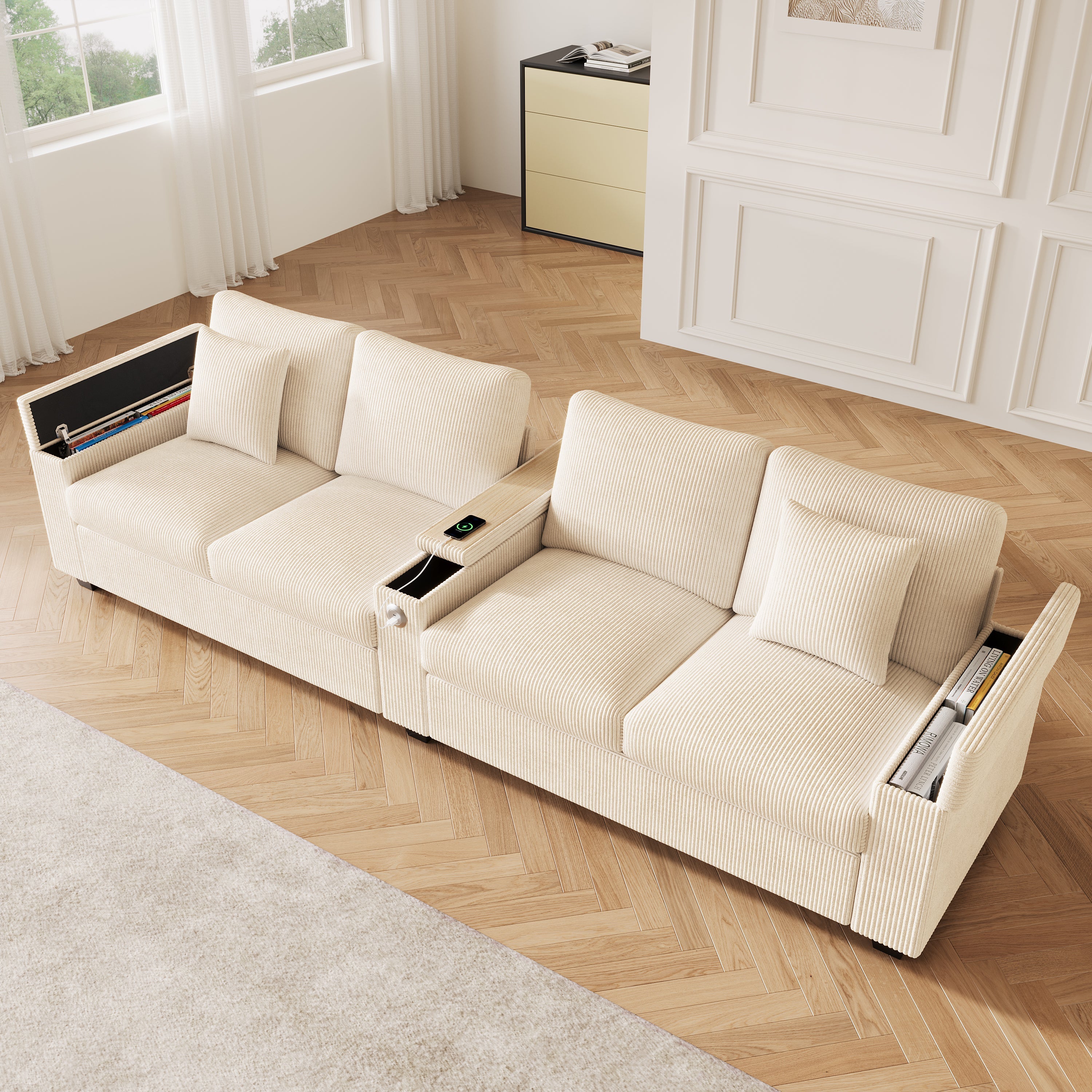 Modern 4-Seater Corduroy Sofa with USB Charging and Storage, Beige