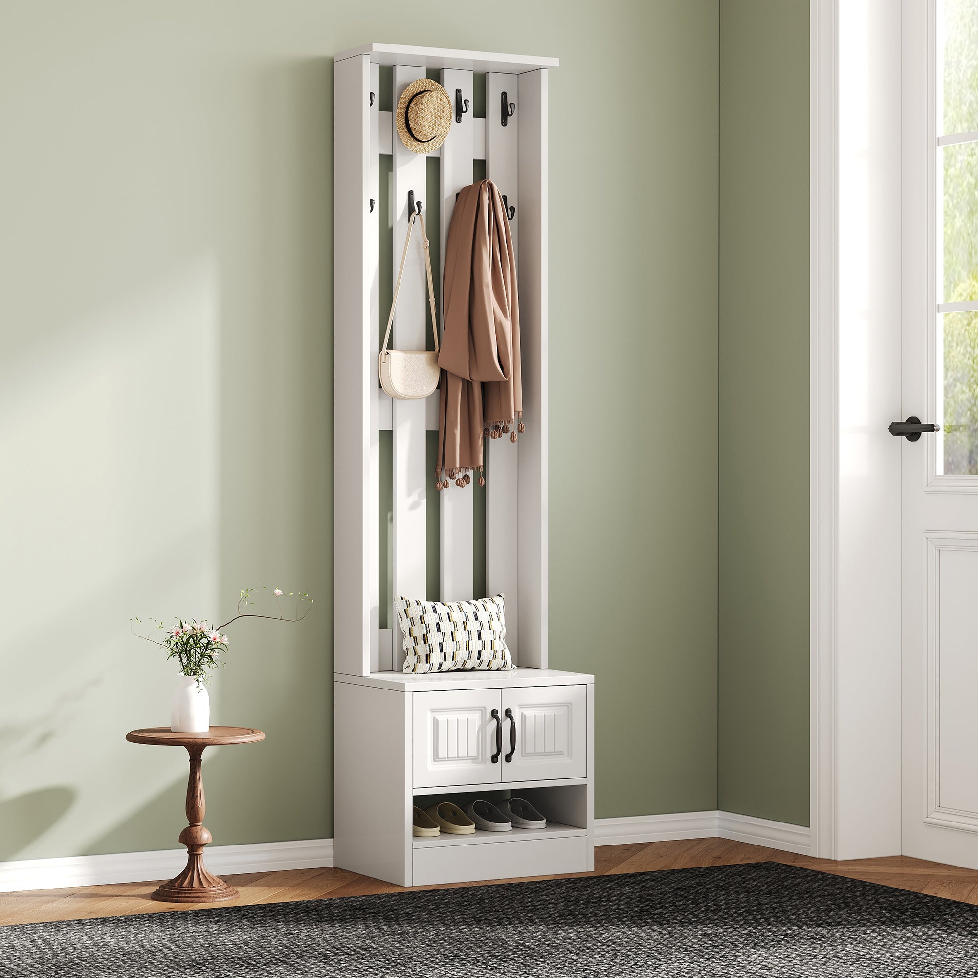 Shoe Cabinet Hallway Furniture with 2 Doors and 8 Hooks, W50/D36/H190cm, White