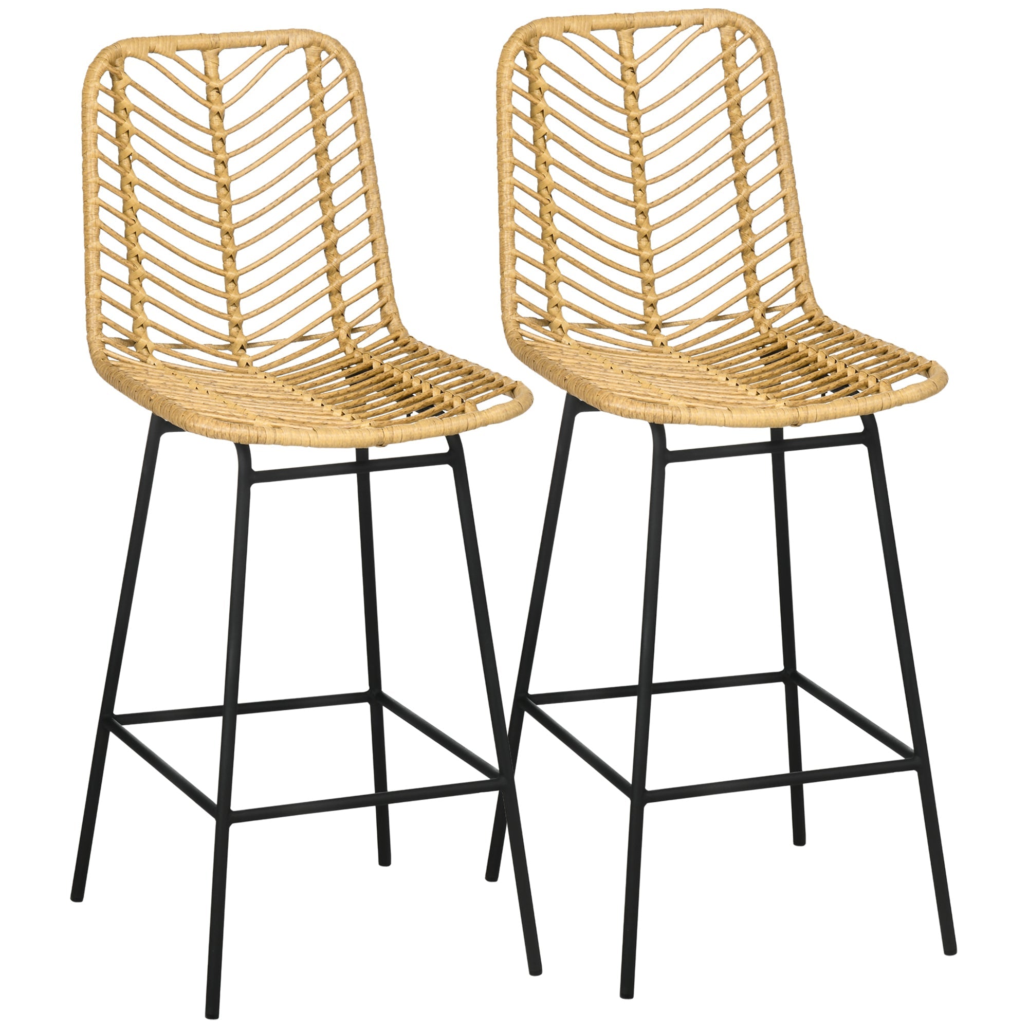 Bar Stools, Set of 2 with Backrest, Boho Design, PE Rattan, Yellow + Black