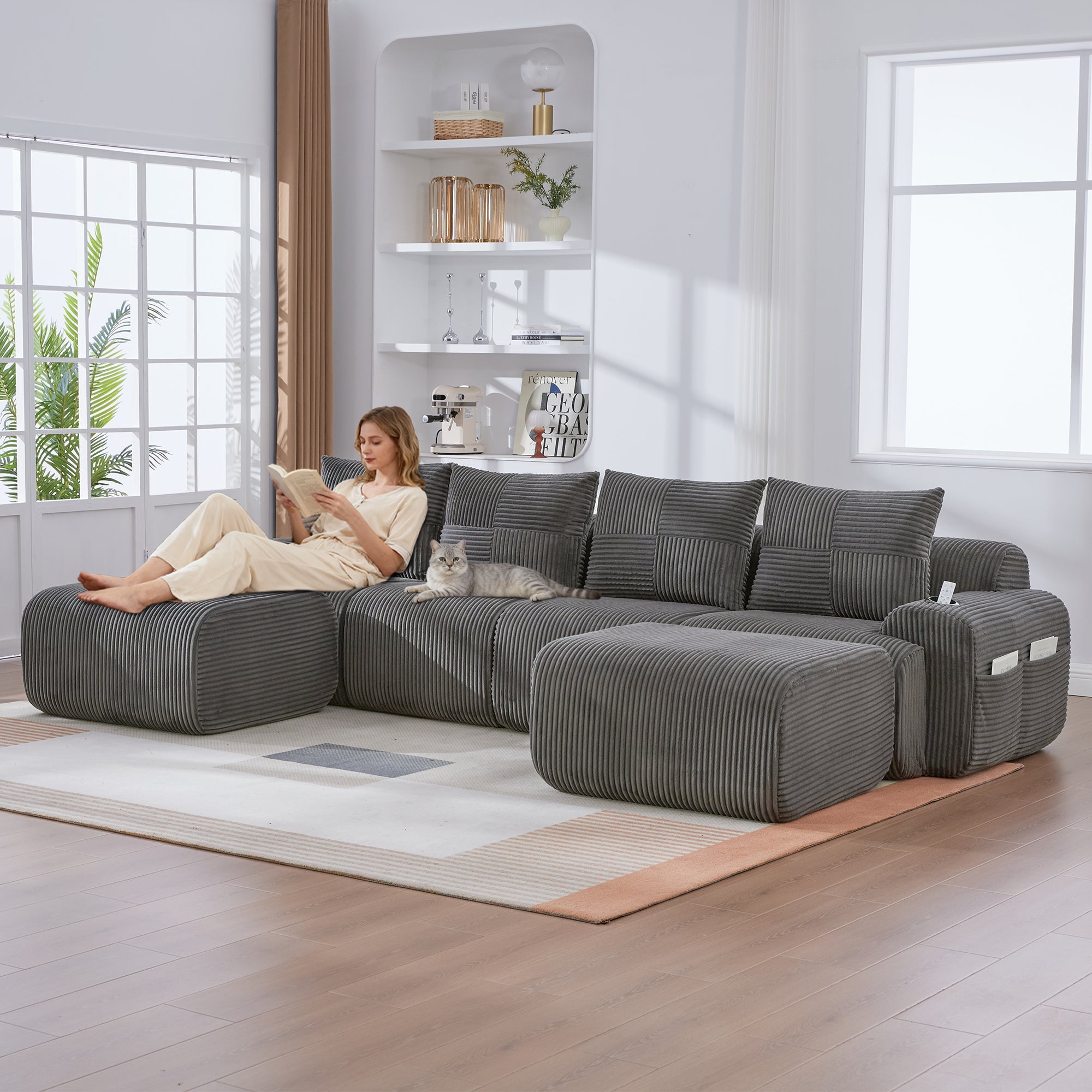Modular 4-Seater Sofa with 2 Ottomans, Cup Holders and Storage Pocket, Dark Grey Corduroy