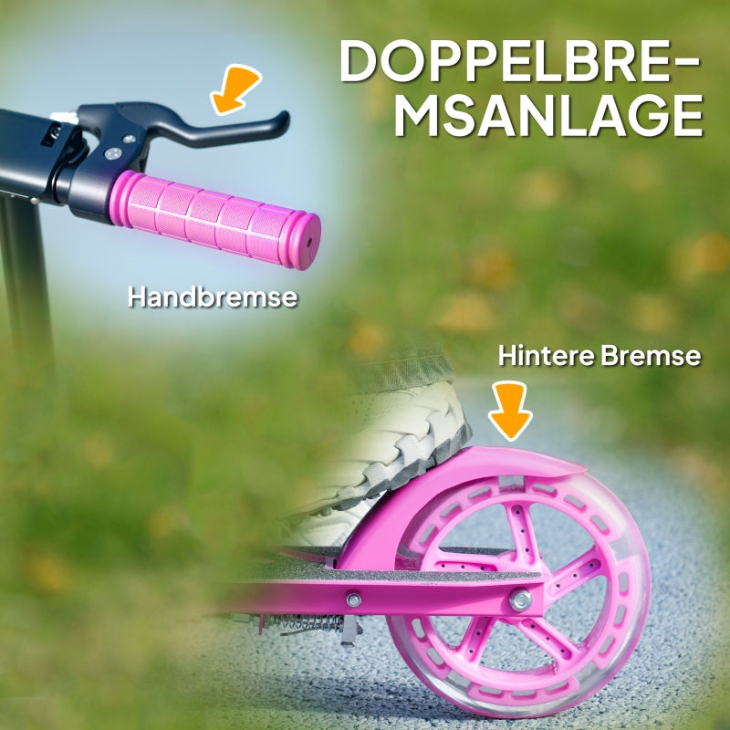 Children's Scooter with Double Brakes and Footrest, Foldable Metal Frame, Pink