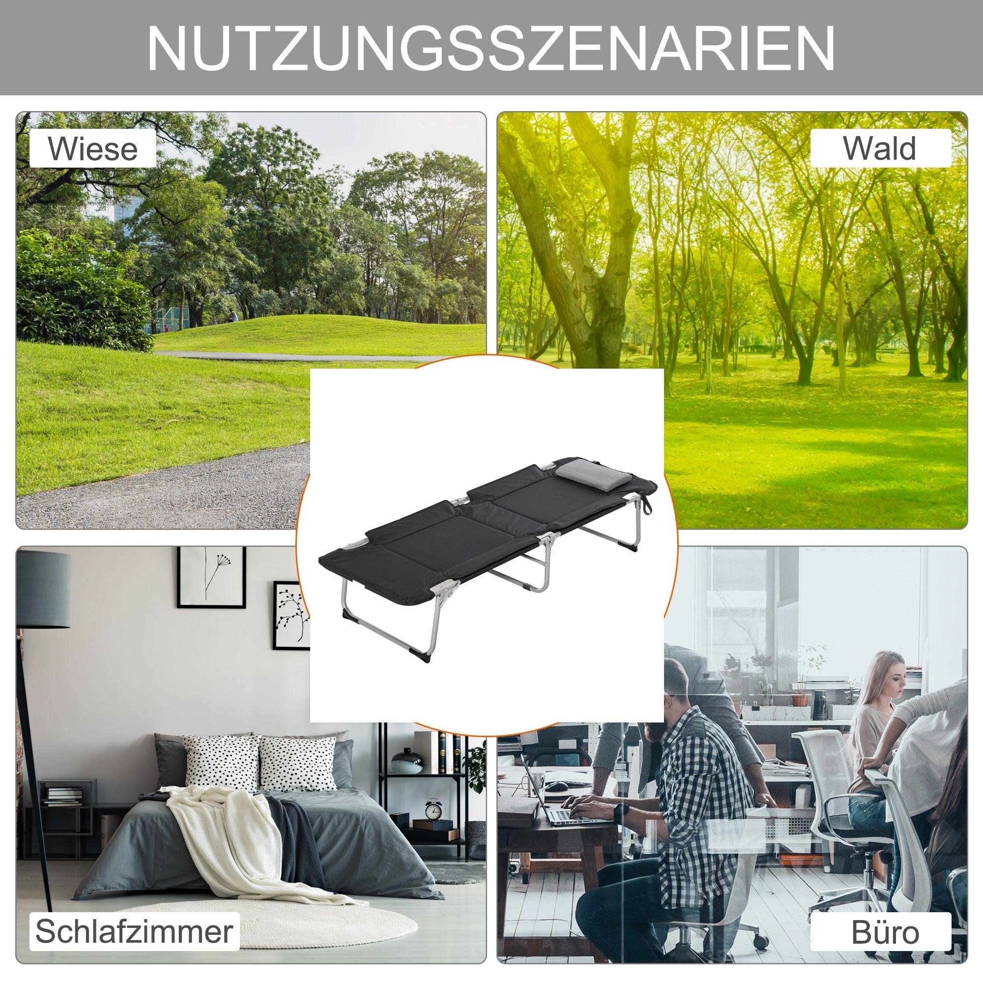 Faltbares Campingbett Leicht Tragbar mit Kissen, Schwarz Silber