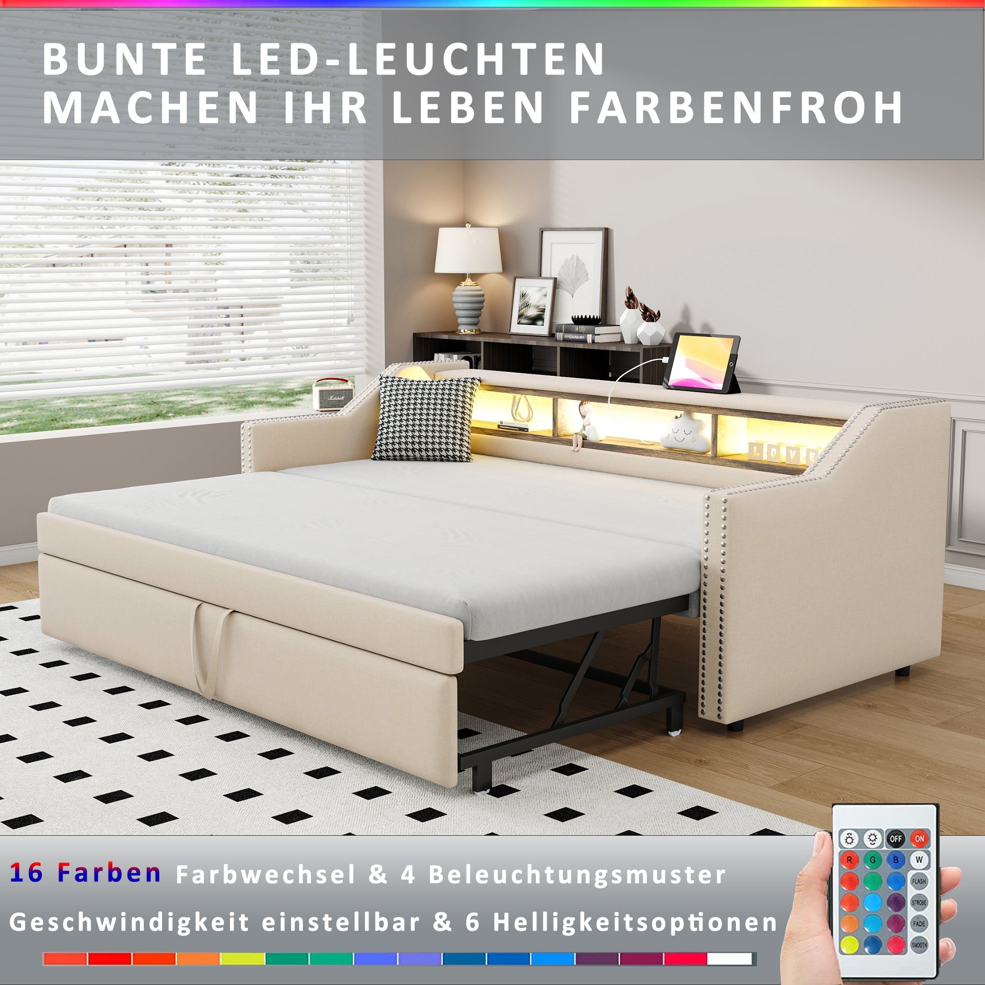 Upholstered Sofa Bed, Pull-Out with Storage, LED & USB, Beige